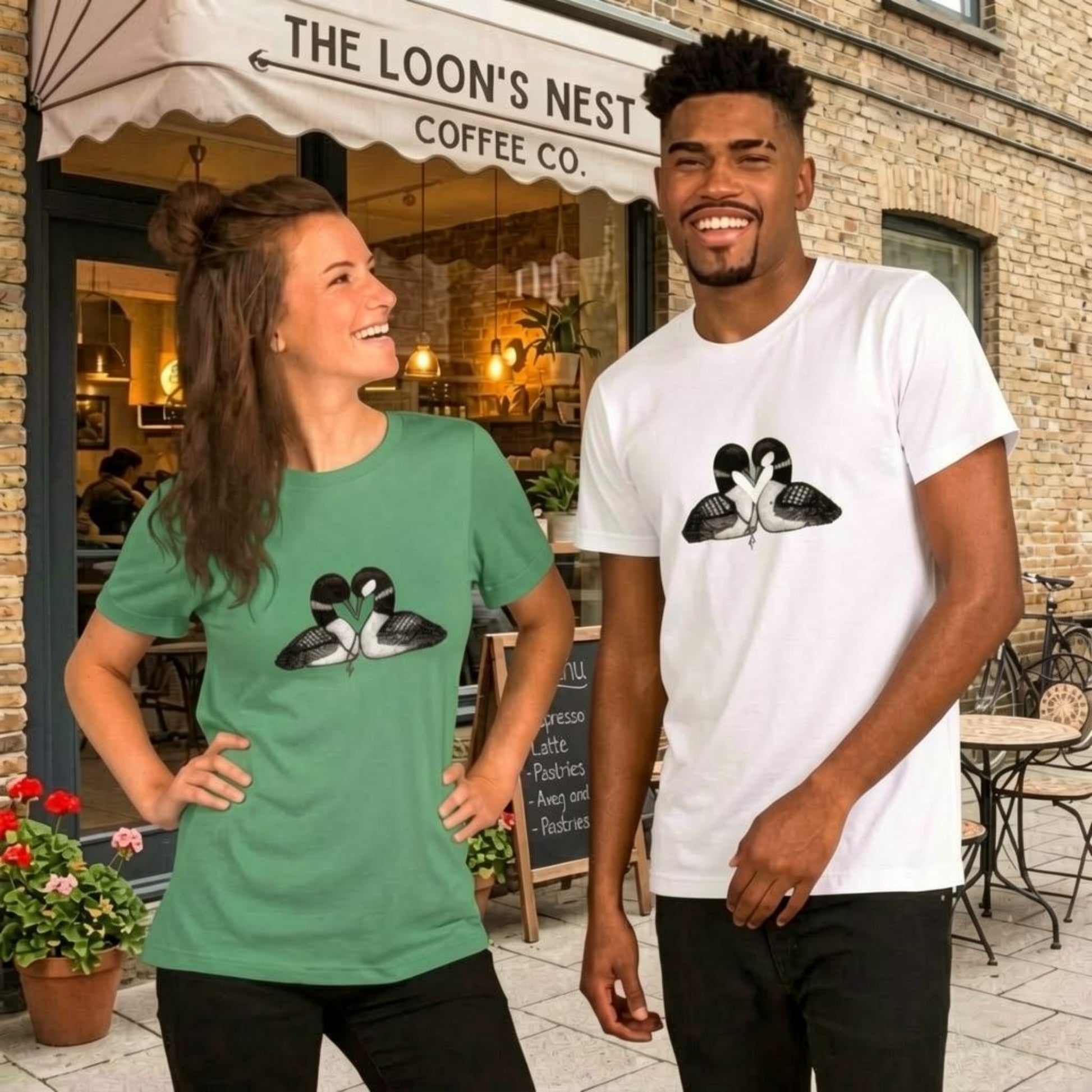 Two people wearing  hockey romance loon t-shirts , one shirt is white and the other is Leaf (green) with loon designs on shirt. They are standing in front of a coffee shop.