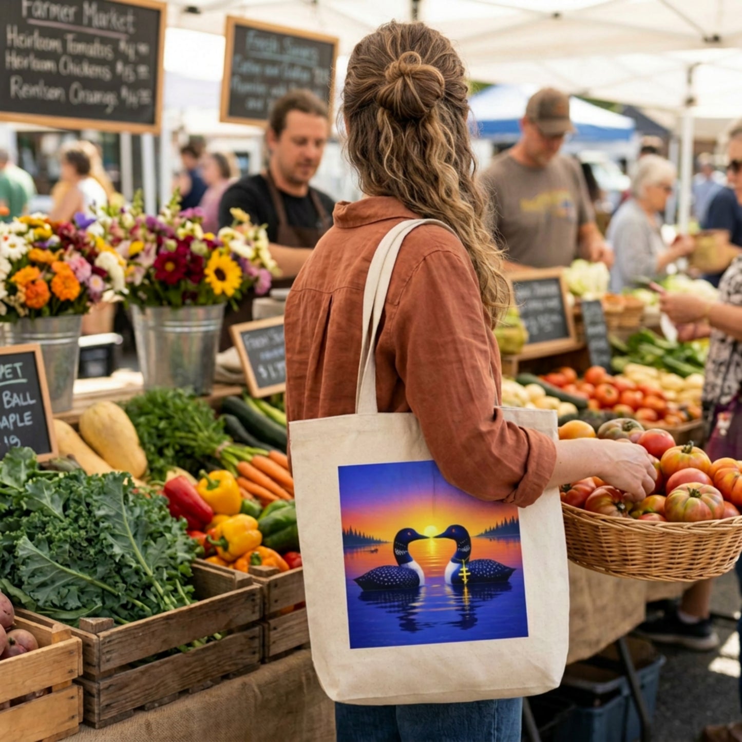 Person shopping at an outdoor farmers market with a tote bag featuring a sunrise lake loon design.