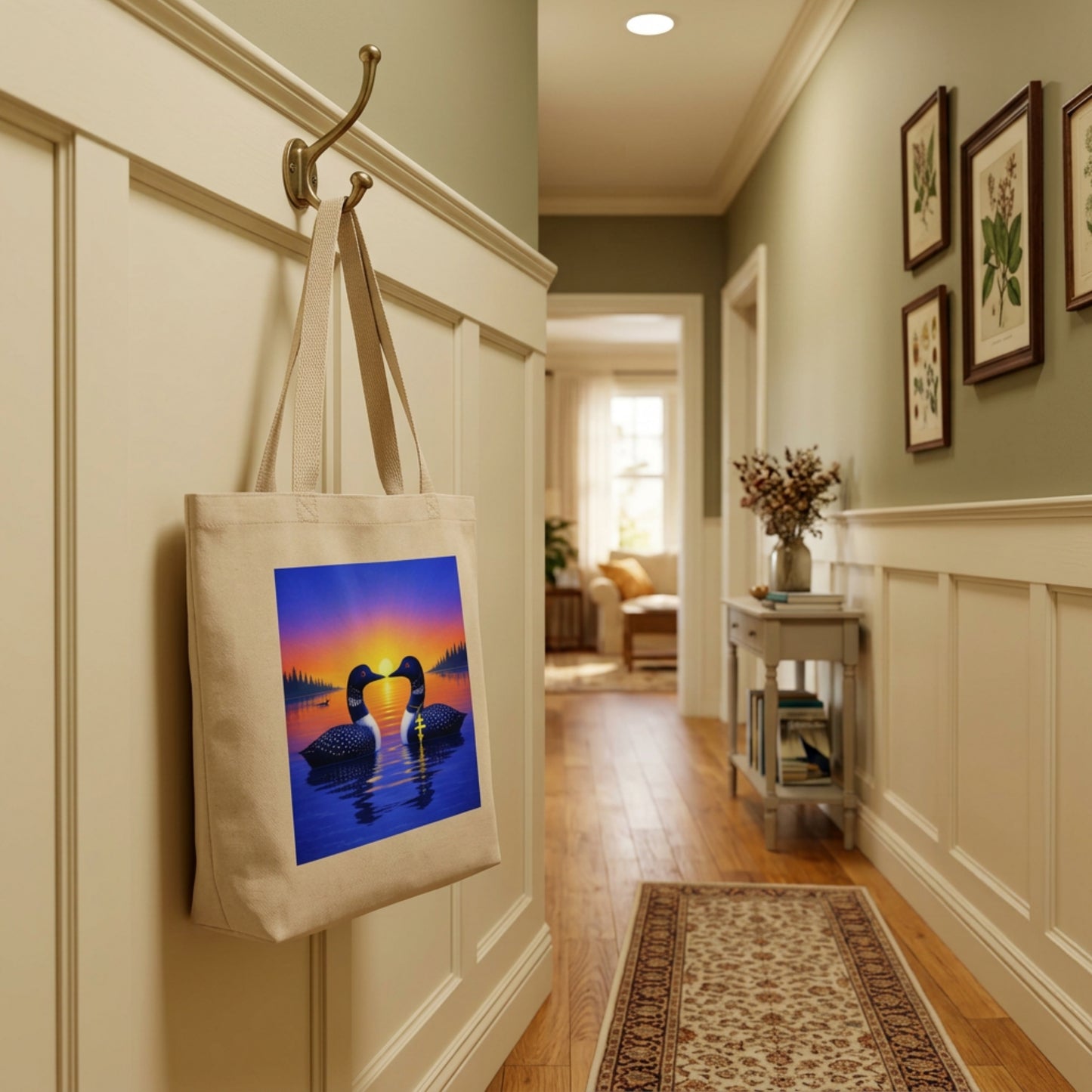 tote bag with sunrise lake loons design, hanging on a hook in hallway.