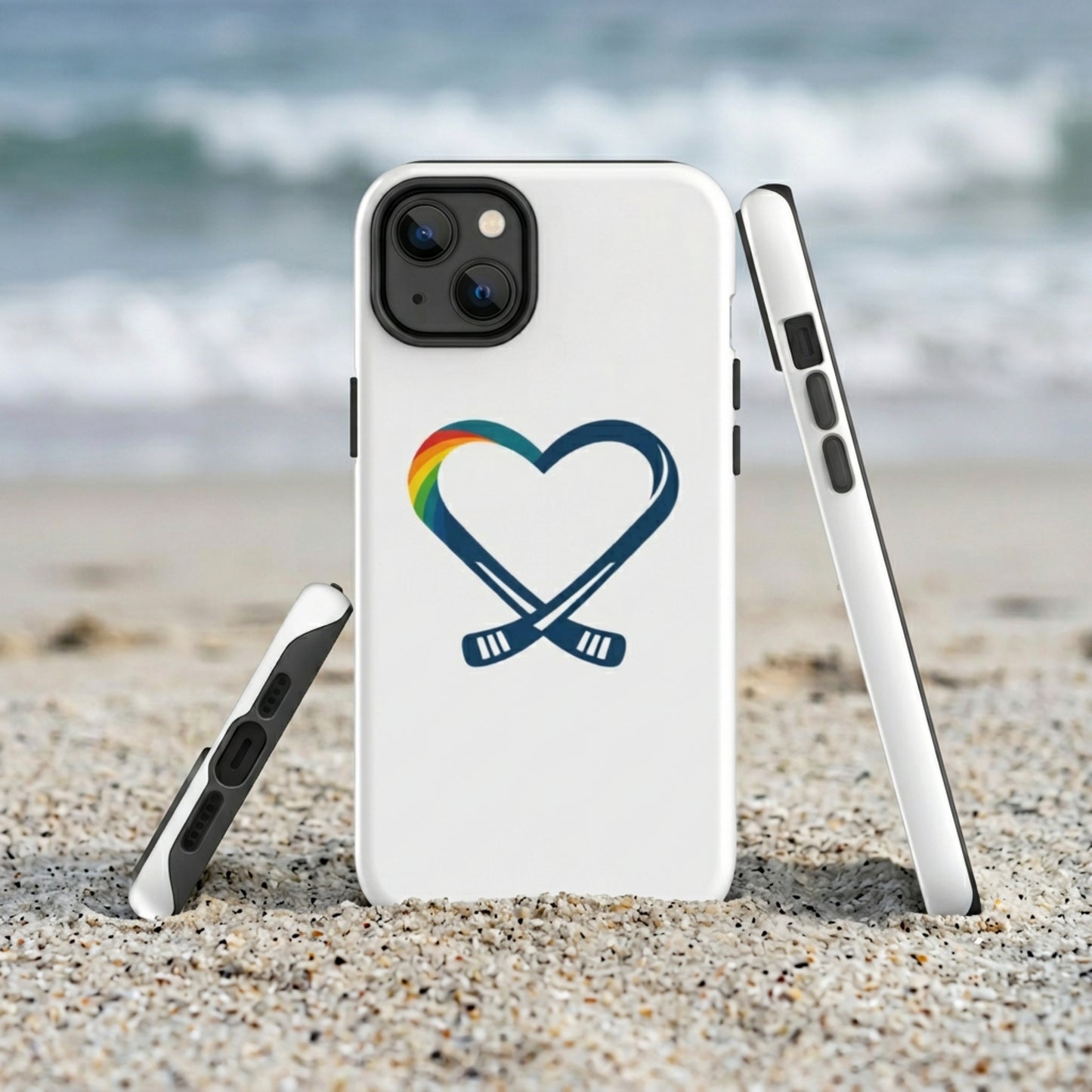 Funda de teléfono con logo de corazón arcoíris de hockey inclusivo | Carcasa resistente para iPhone | Regalo para fanático del hockey