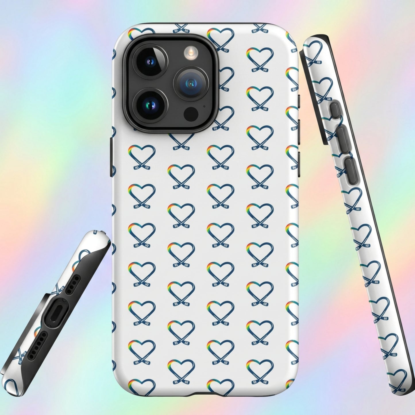 Funda para iPhone con patrón de corazón arcoíris de hockey inclusivo | Funda resistente para teléfono con corazones arcoíris repetidos