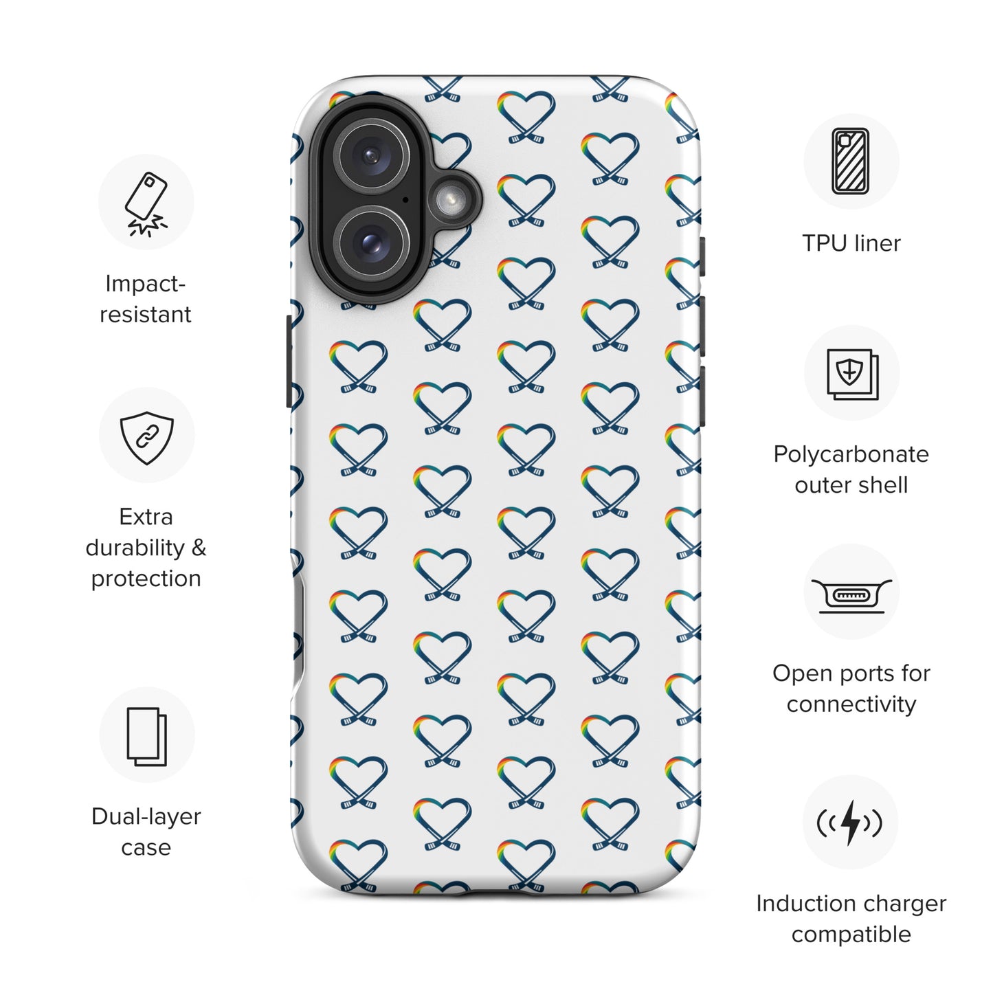 Funda para iPhone con patrón de corazón arcoíris de hockey inclusivo | Funda resistente para teléfono con corazones arcoíris repetidos