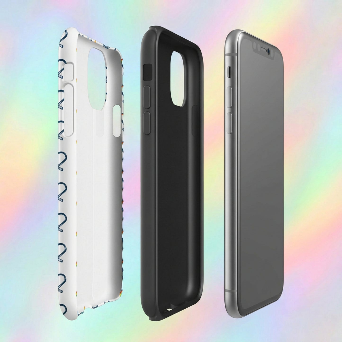 Funda para iPhone con patrón de corazón arcoíris de hockey inclusivo | Funda resistente para teléfono con corazones arcoíris repetidos