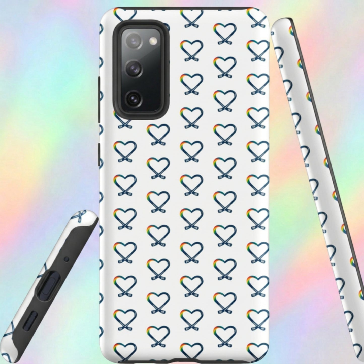 Inclusive hockey rainbow heart logo pattern on a Samsung phone case, repeating across the background and inspired by a fictional kids’ hockey camp that supports mental health awareness. Shows angles of front, side and bottom of case.
