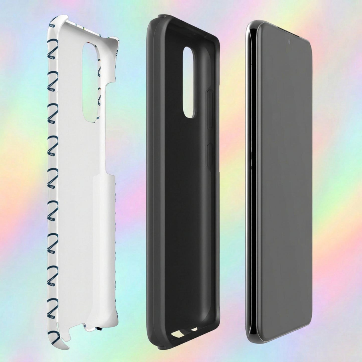 Samsung phone case on a colorful gradient background, showing the three layers of protection of the Tough case.