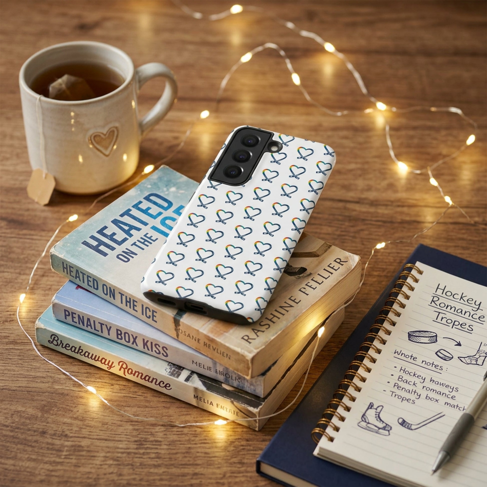 Samsung Phone case with hockey rainbow heart pattern , sitting on a stack of books with a mug of tea and notebook on a wooden surface.