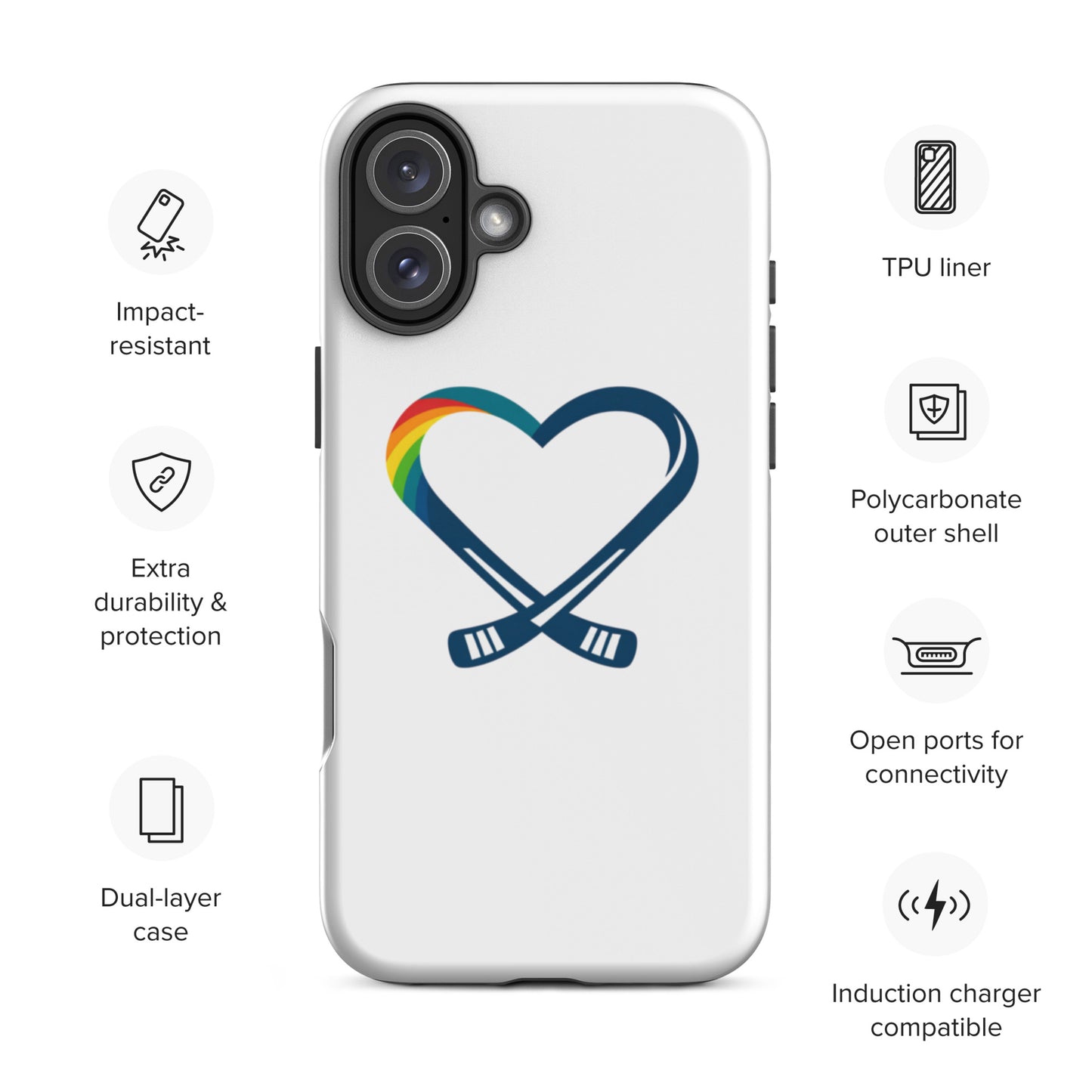 Funda de teléfono con logo de corazón arcoíris de hockey inclusivo | Carcasa resistente para iPhone | Regalo para fanático del hockey