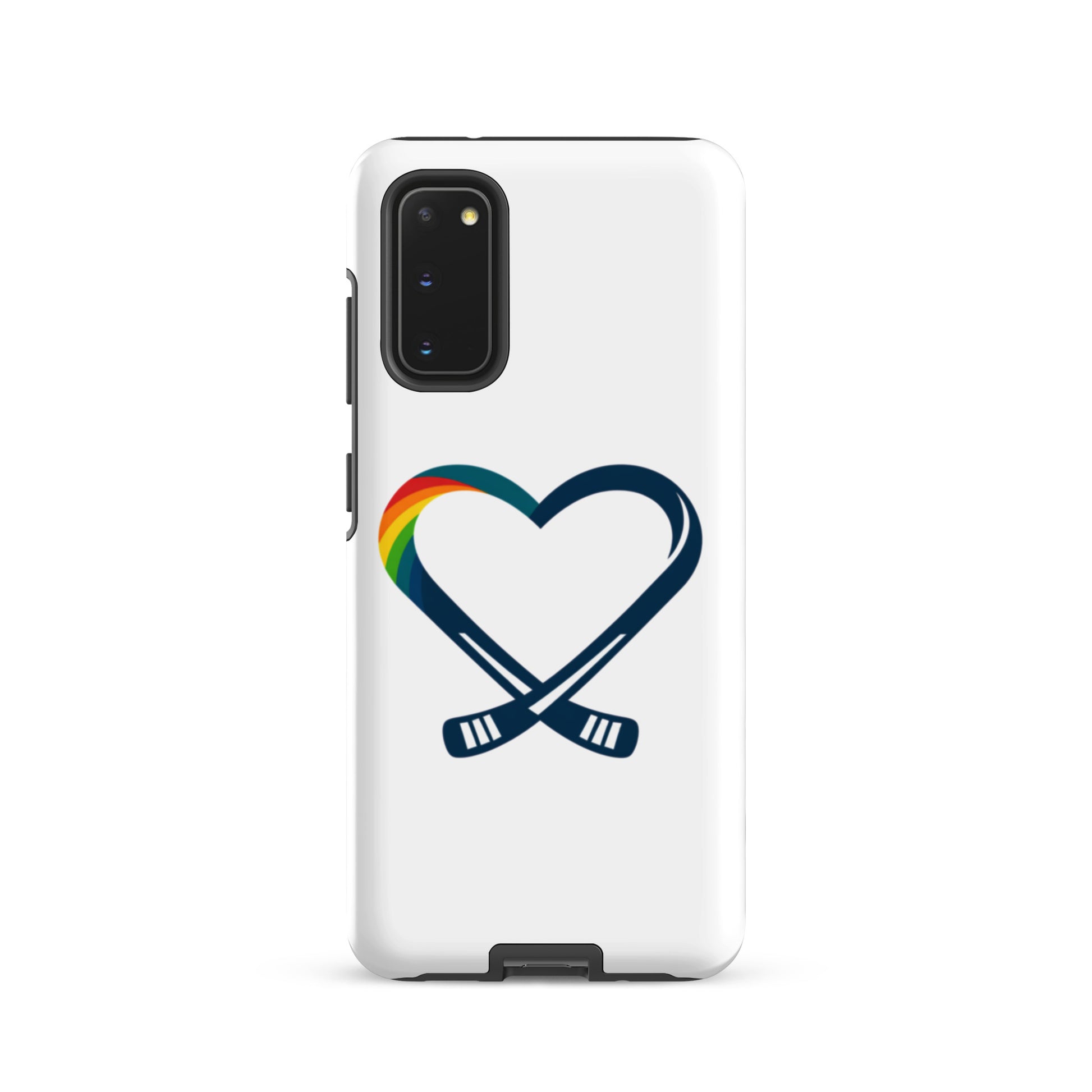 Inclusive hockey rainbow heart logo on a Samsung phone case, centered on a clean background and inspired by a fictional kids’ hockey camp that supports mental health awareness.

