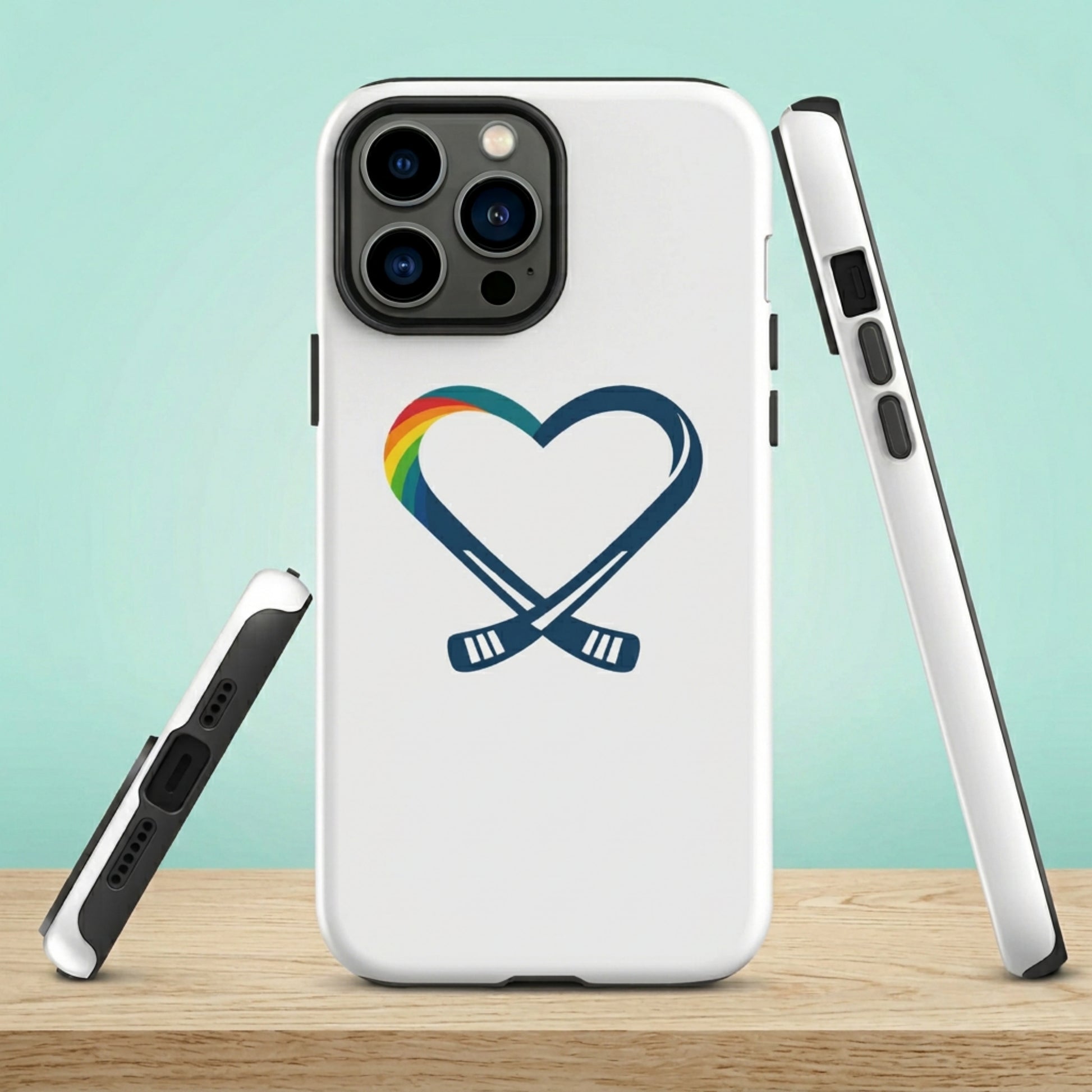 Samsung phone case with a heart design featuring a rainbow and crossed sticks on a light blue background showing all angles, front, side and bottom of case.