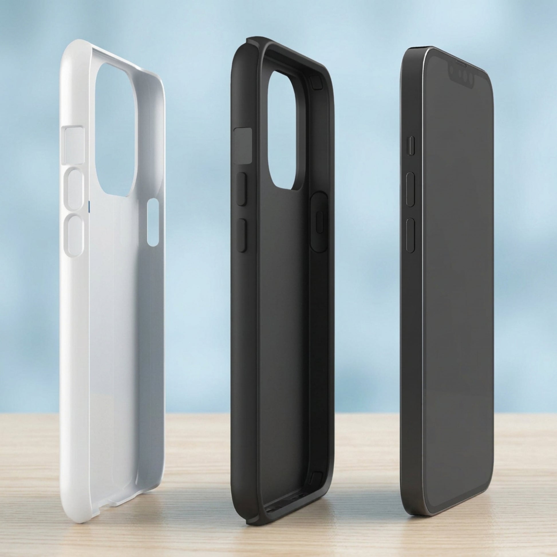 Three layers of protection that Samsung phone case provides, shown on a wooden base and with a light blue background.