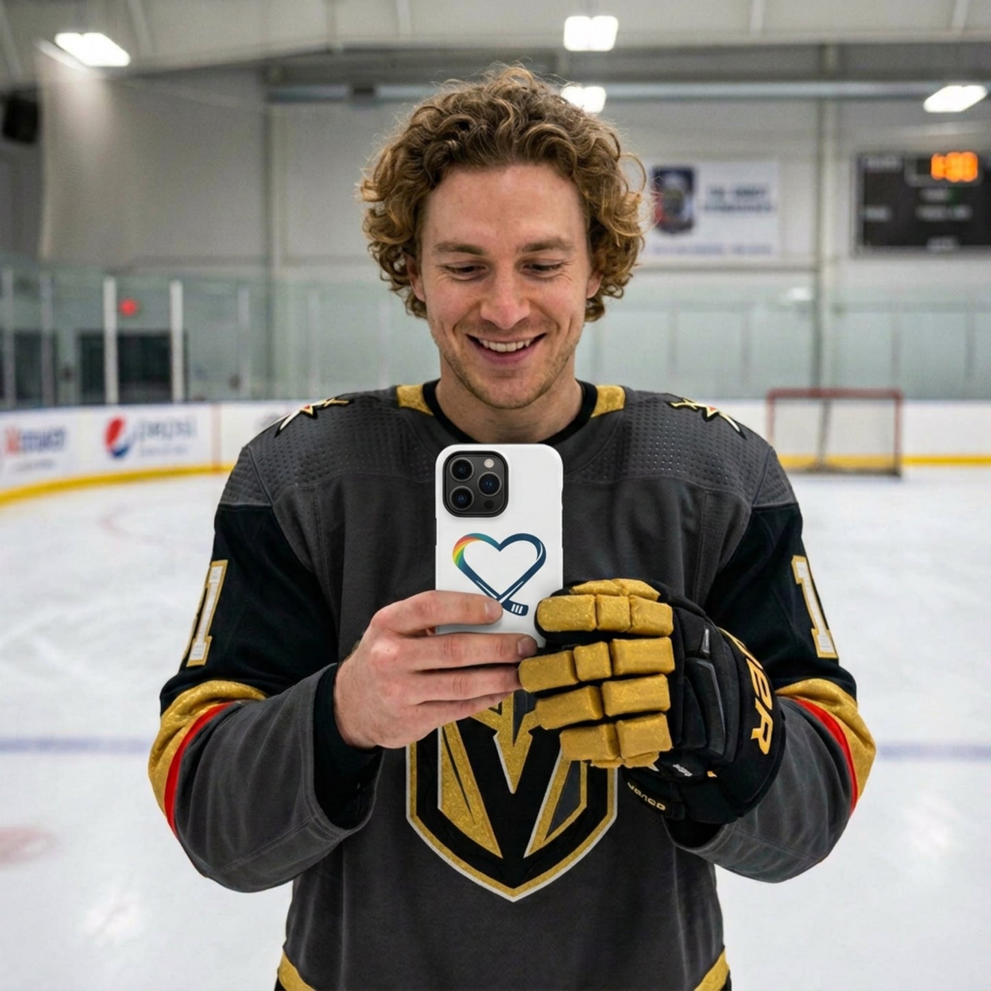 Person with light brown curly hair, dressed  in hockey gear ,holding a phone with a colorful heart design , looking into the phone, standing on an ice rink.