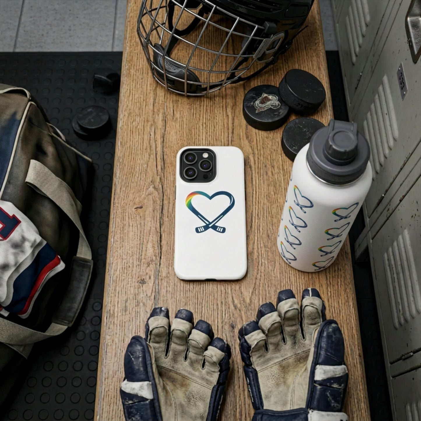 Samsung phone case with heart and hockey stick logo design, water bottle, gloves, and helmet and hockey gear on a wooden surface in a locker room.