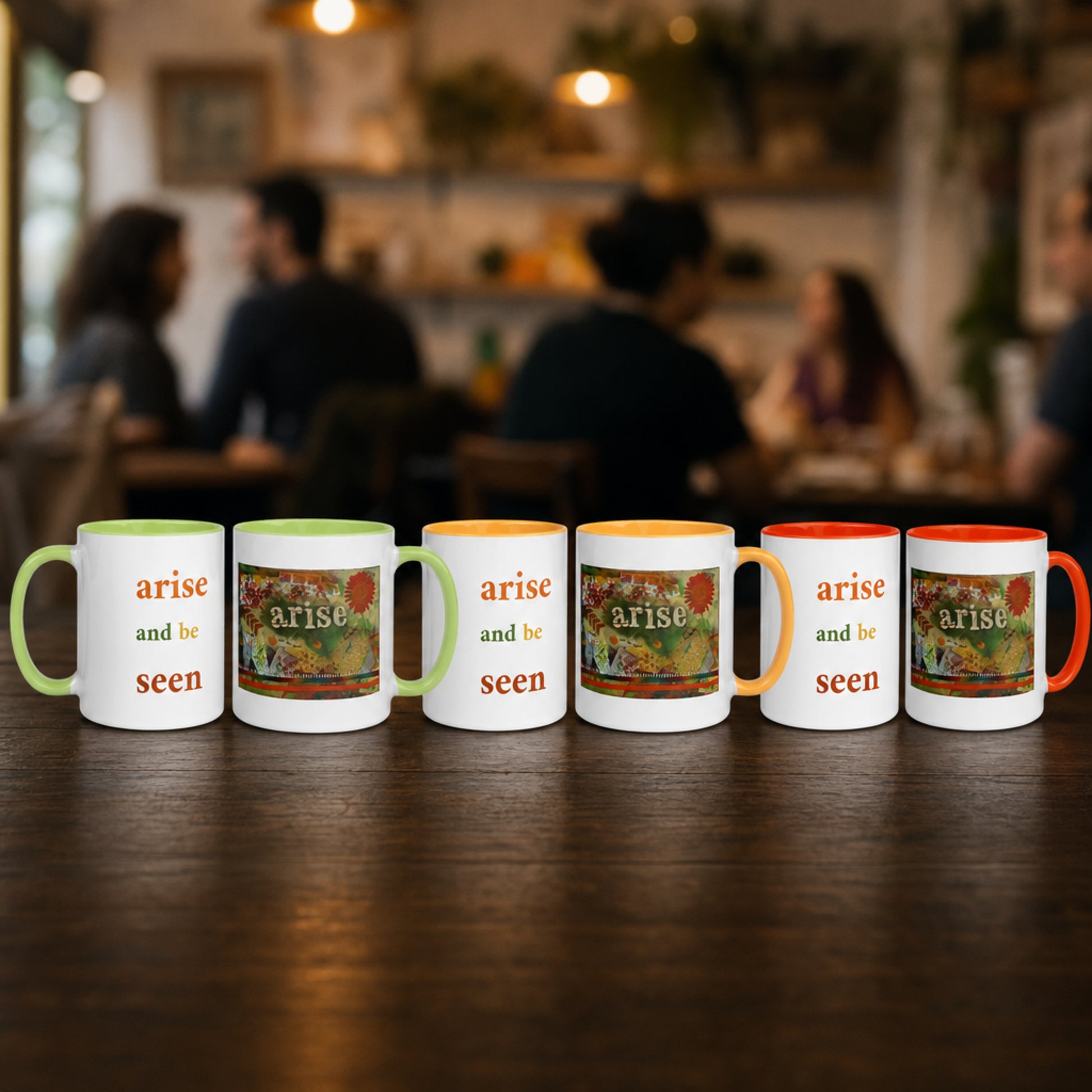 A long table holds 6 mugs, showing both sides of the mugs in each color choice
