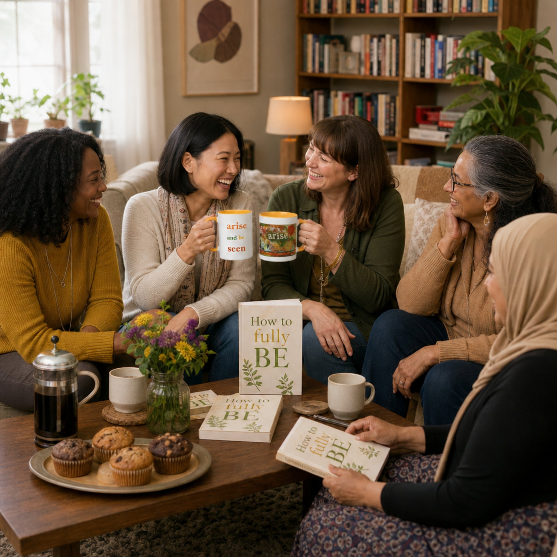 Group of women sitting on a couch in a cozy living room, enjoying coffee and books.