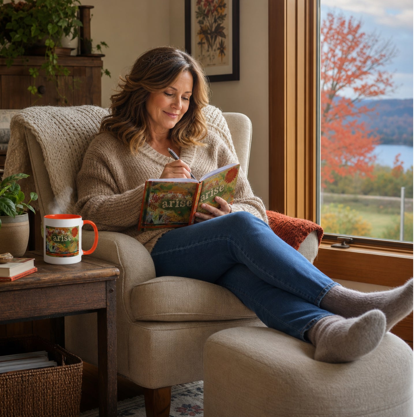 Woman sitting in a cozy living room, writing in a journal with a mug on a small table. Both are from the Arise and be seen collection.