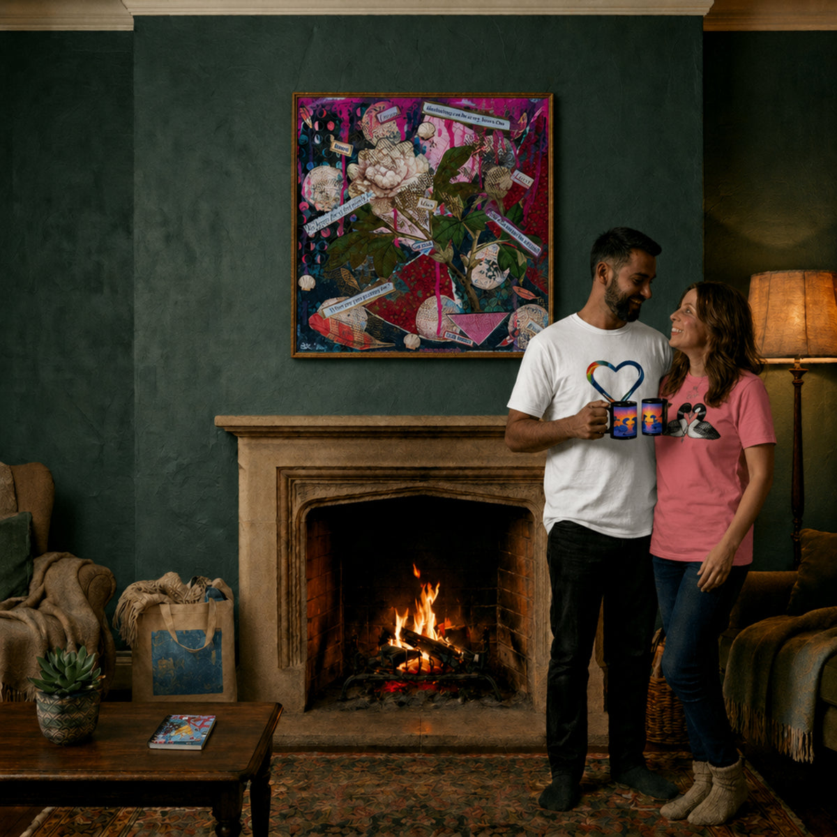 Man and woman holding mugs, in a cozy living room with a colorful mixed media painting over the fireplace.