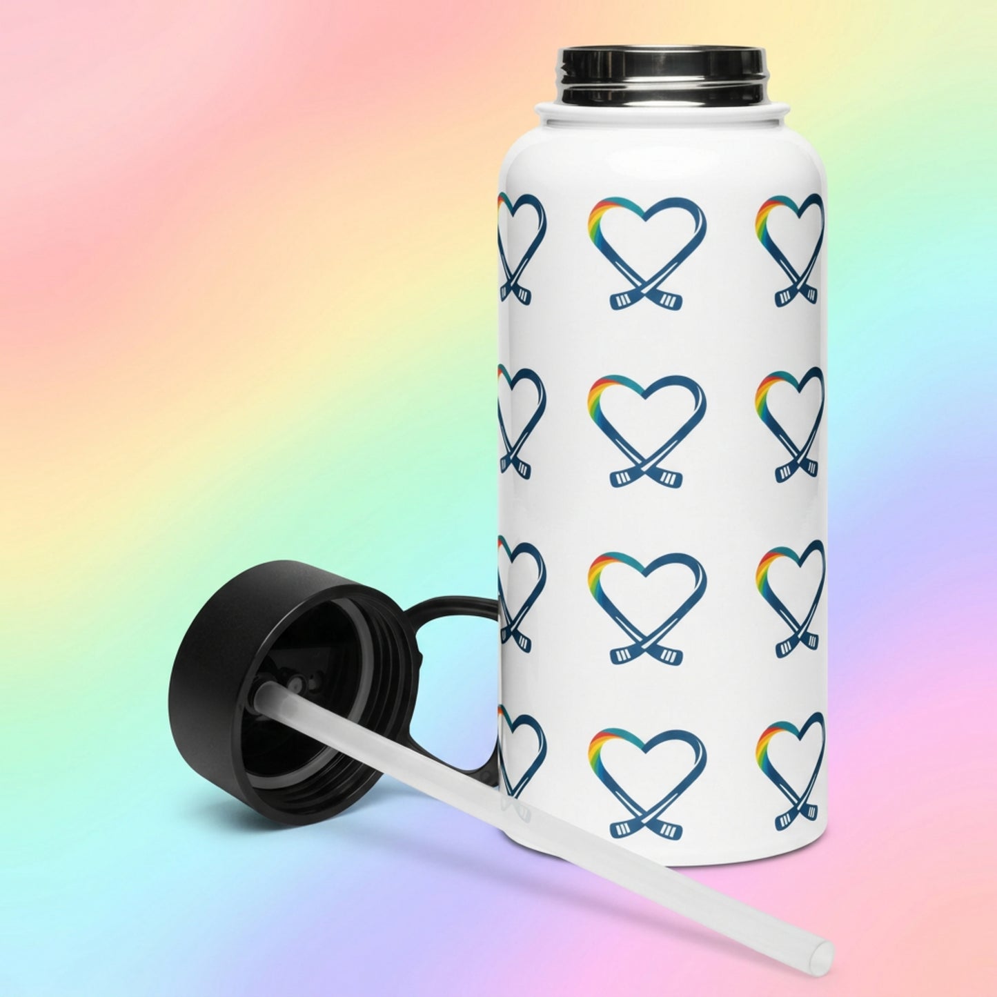 White water bottle with heart and hockey stick pattern , with lid off to show straw included.  Image has a colorful gradient background.