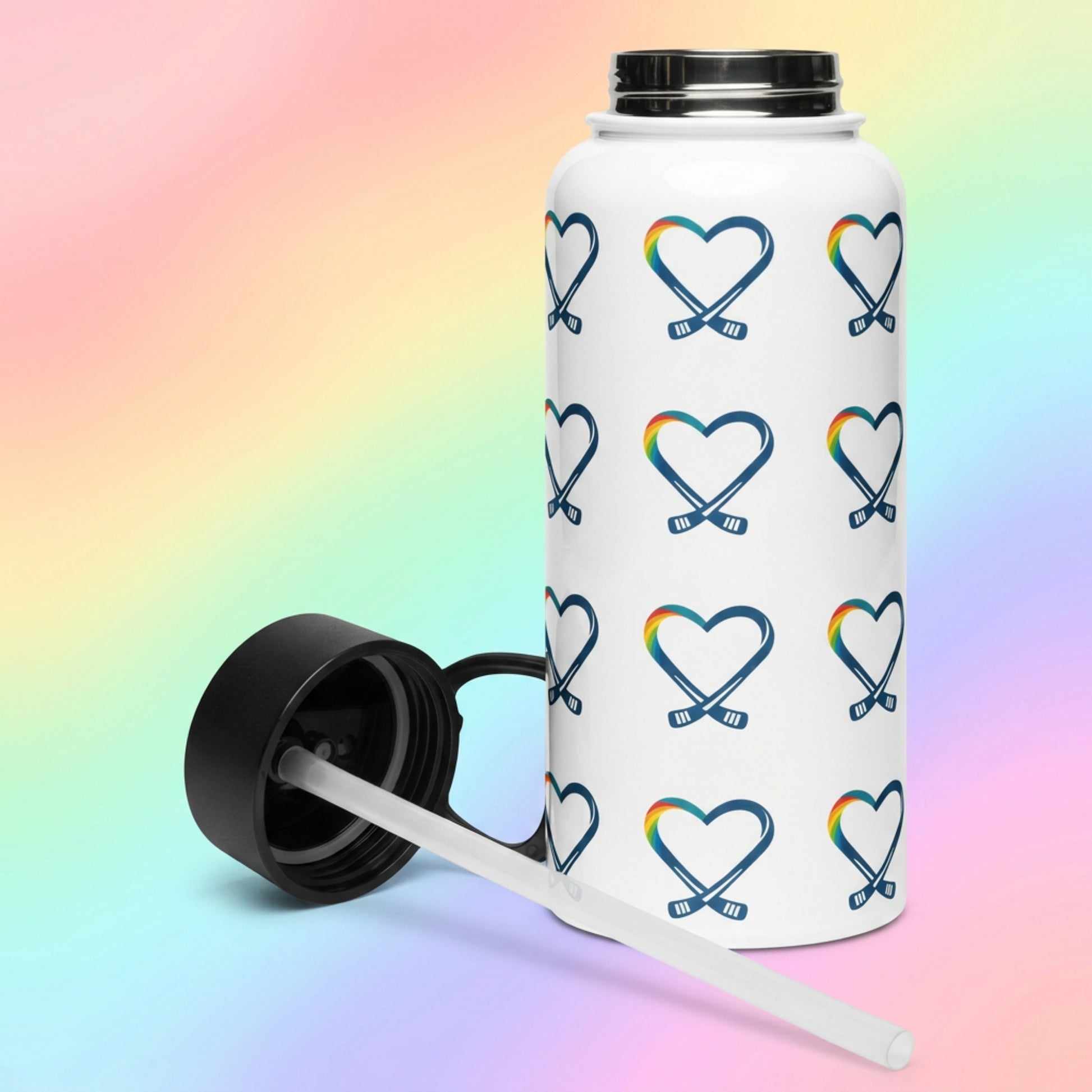 White water bottle with heart and hockey stick pattern , with lid off to show straw included.  Image has a colorful gradient background.