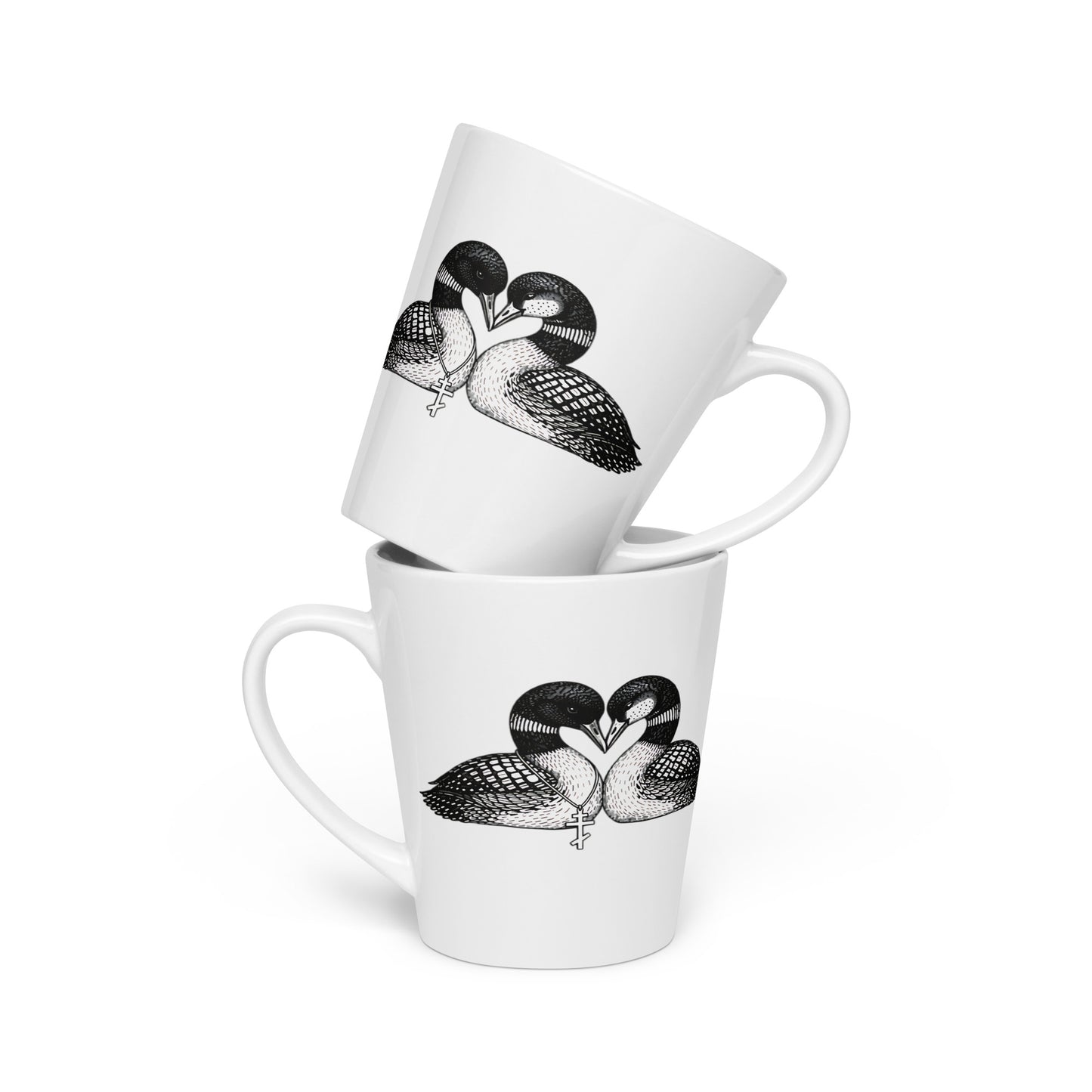 white glossy ceramic coffee mug with loon artwork on both sides.

