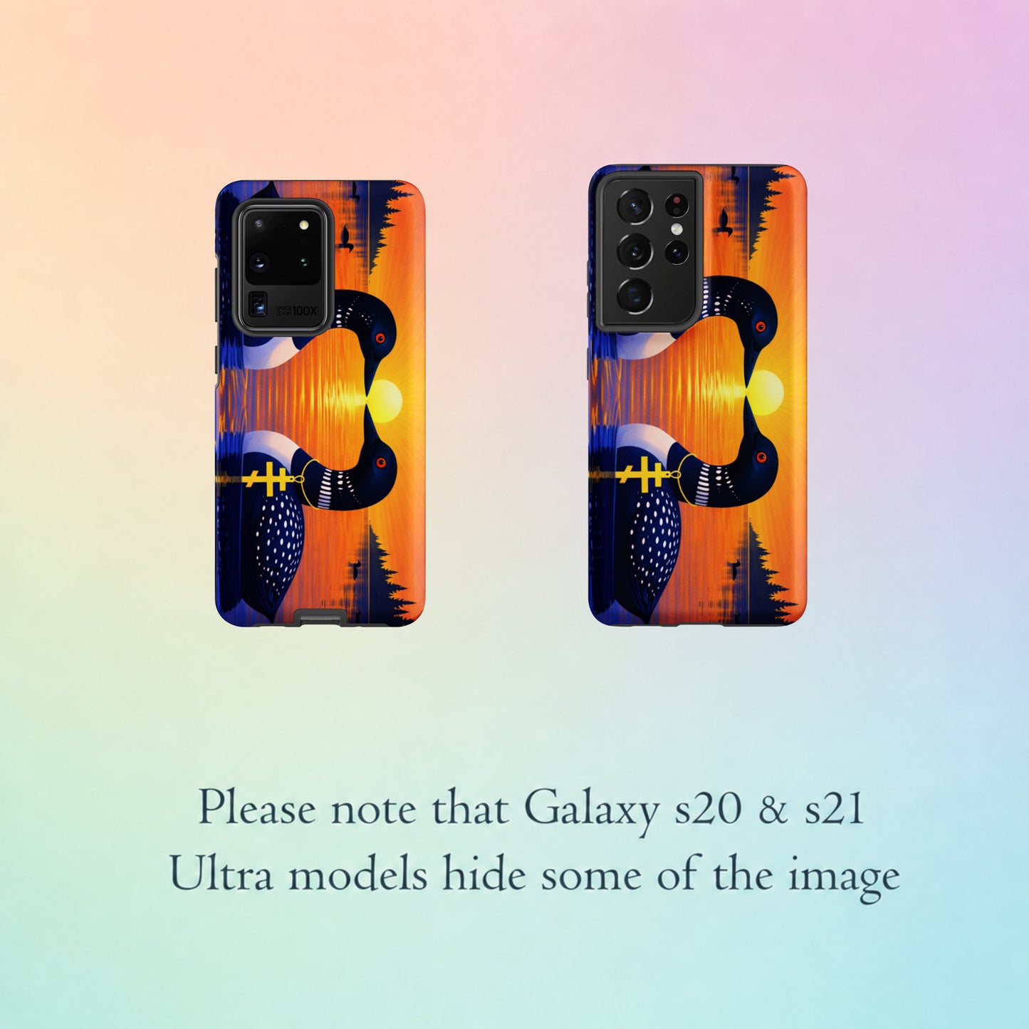 Two symbolic loons on a bird aesthetic phone case. Image shows 2 phone sizes and text says "Please note that Galaxy s20 and s21 Ultra models hide some of the image