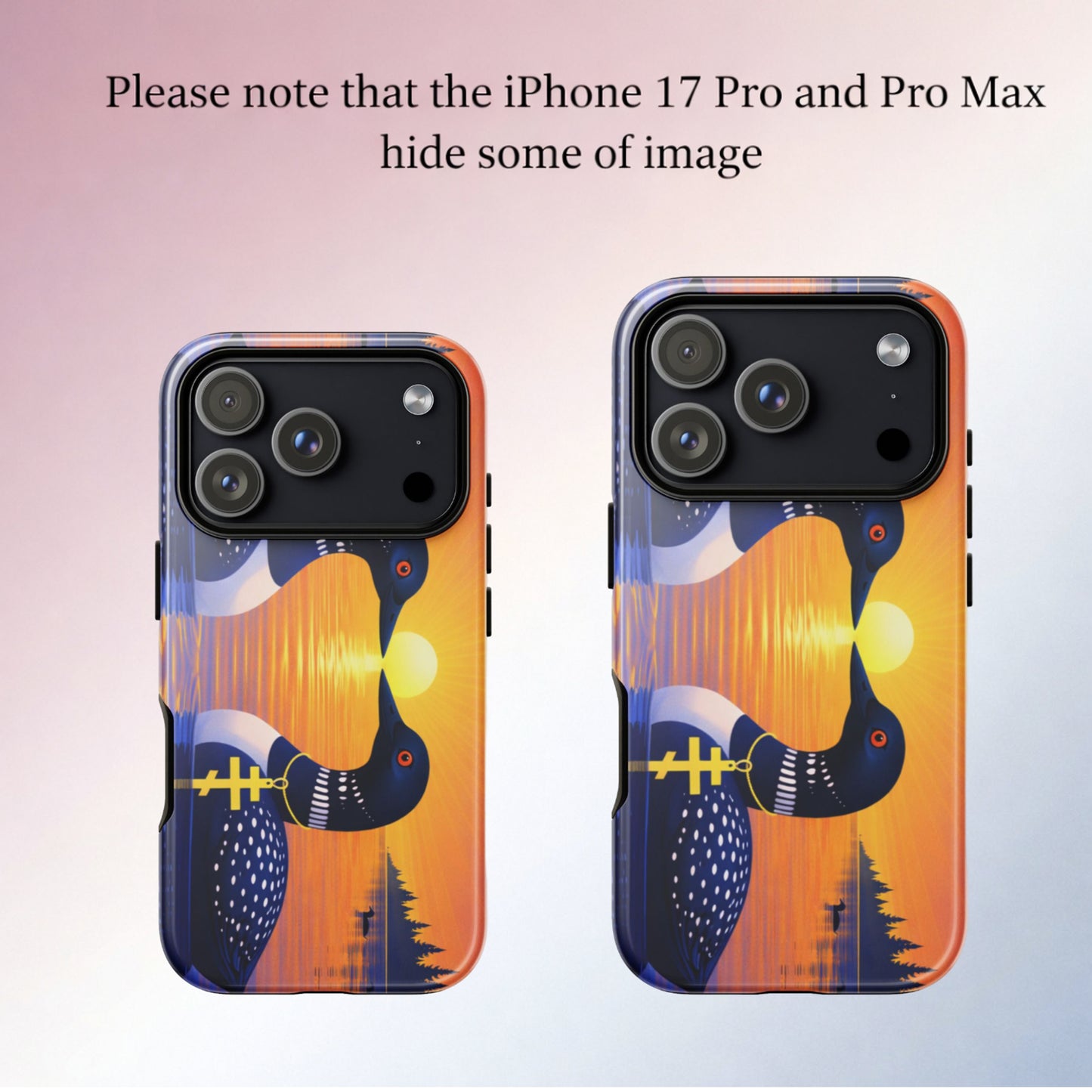 Two symbolic loons on a bird aesthetic phone case. Image shows 2 sizes and text reads "Please note that the iPhone 17 Pro and Pro Max hide some of the image

