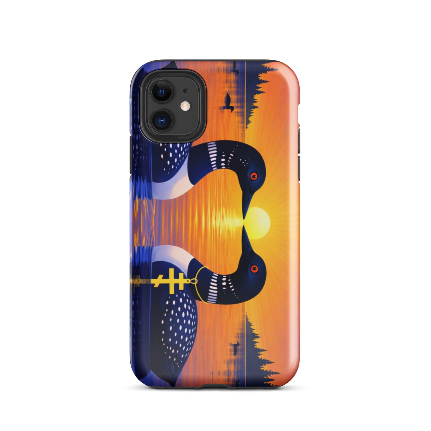 Phone case with a colorful design of two loons on a lake and sunrise background