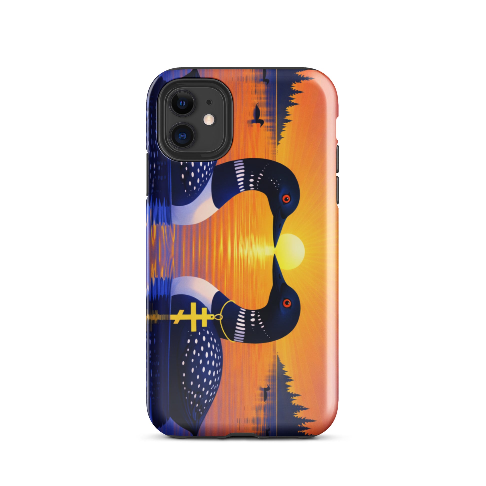 Phone case with a colorful design of two loons on a lake and sunrise background