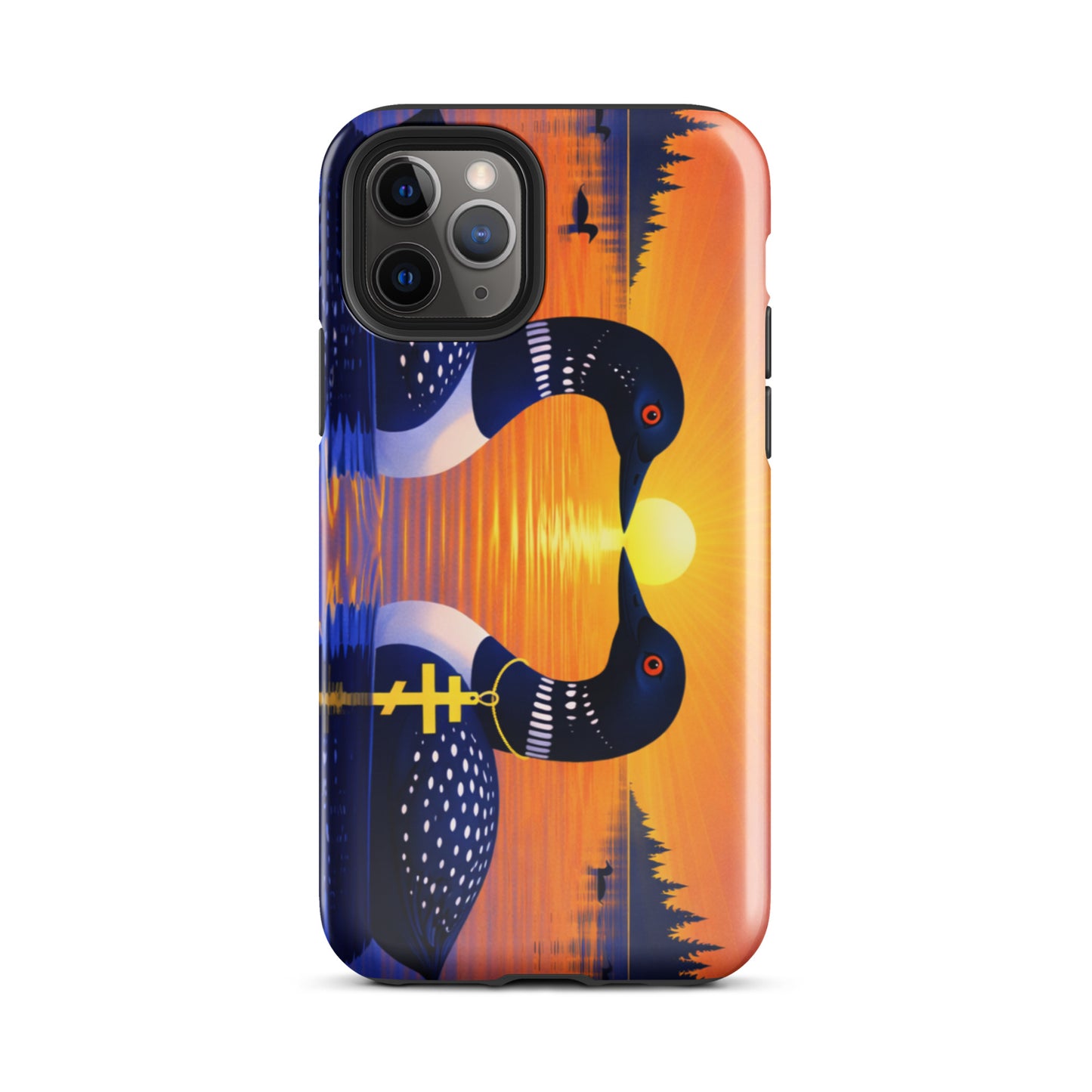 Phone case with a colorful design of two loons on a lake and sunrise background