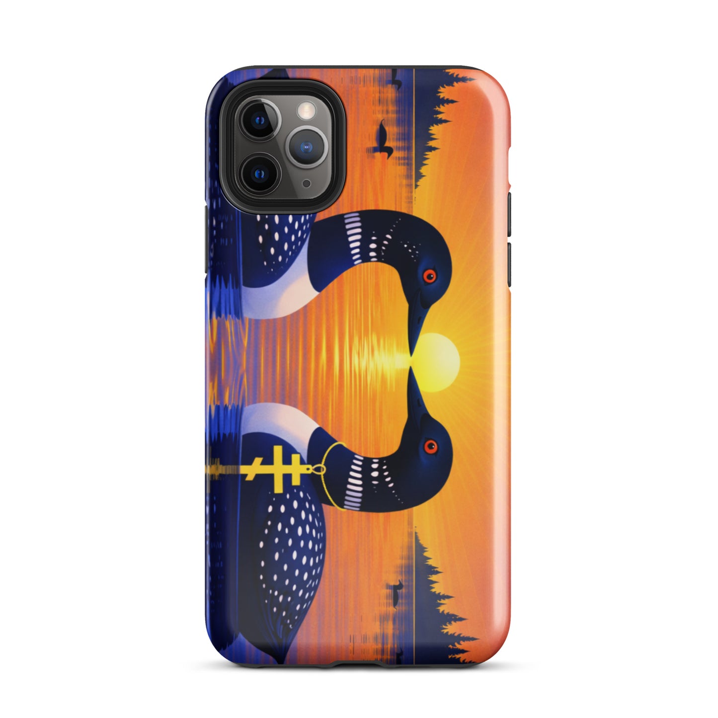Phone case with a colorful design of two loons on a lake and sunrise background
