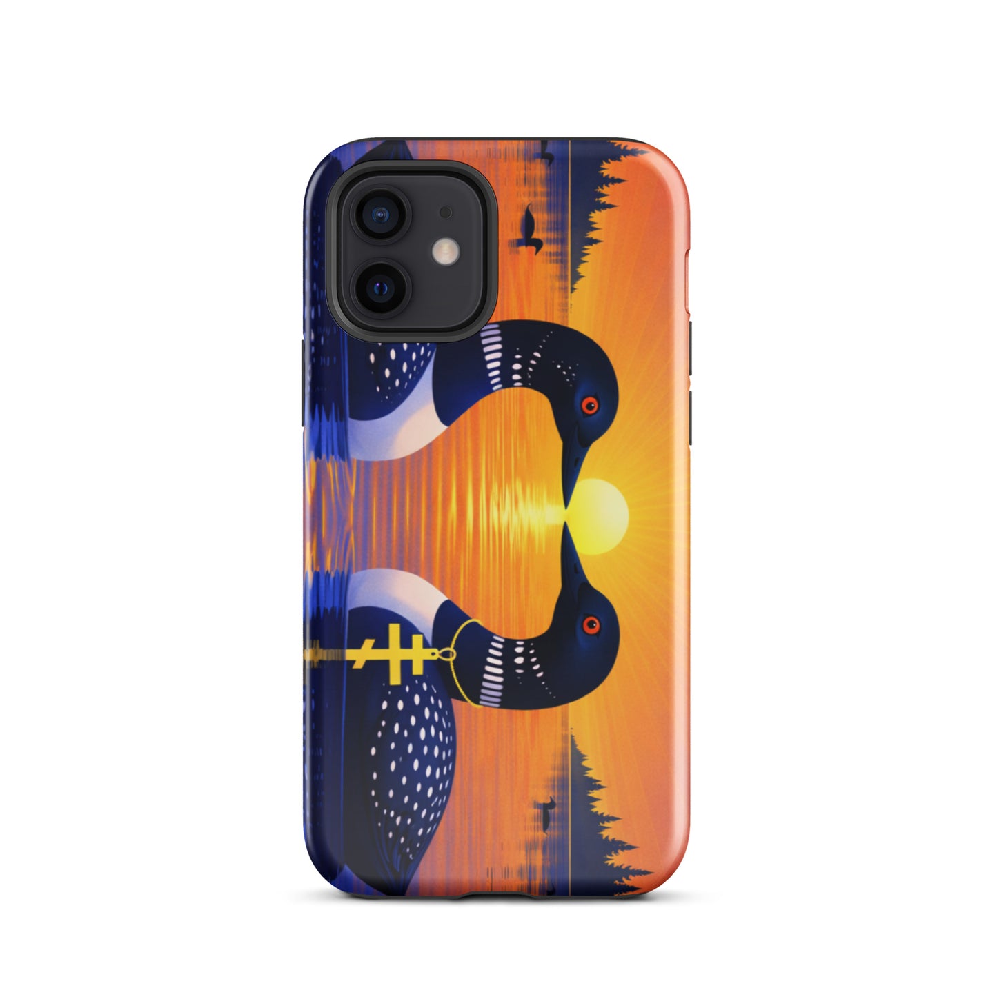 Phone case with a colorful design of two loons on a lake and sunrise background