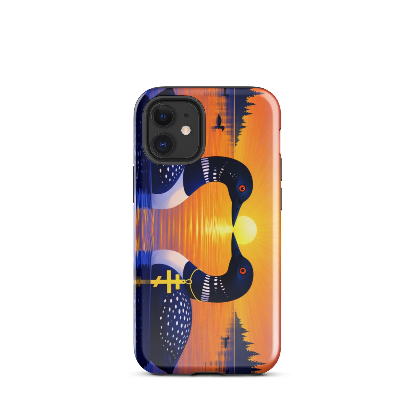 Phone case with a colorful design of two loons on a lake and sunrise background
