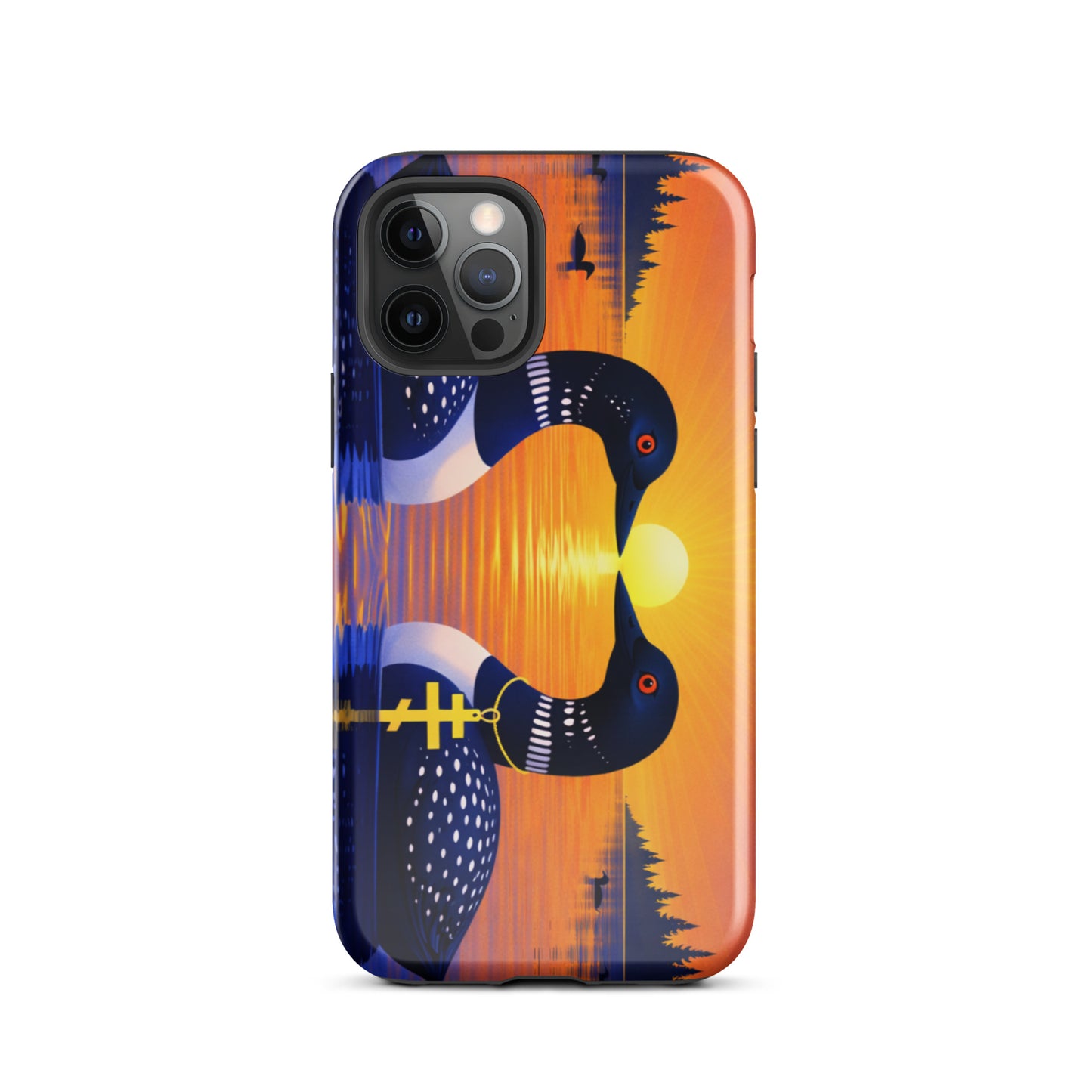 Phone case with a colorful design of two loons on a lake and sunrise background