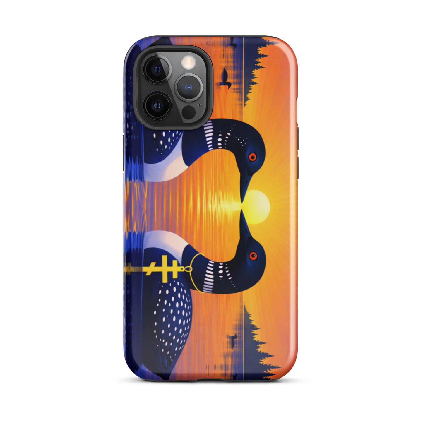 Phone case with a colorful design of two loons on a lake and sunrise background
