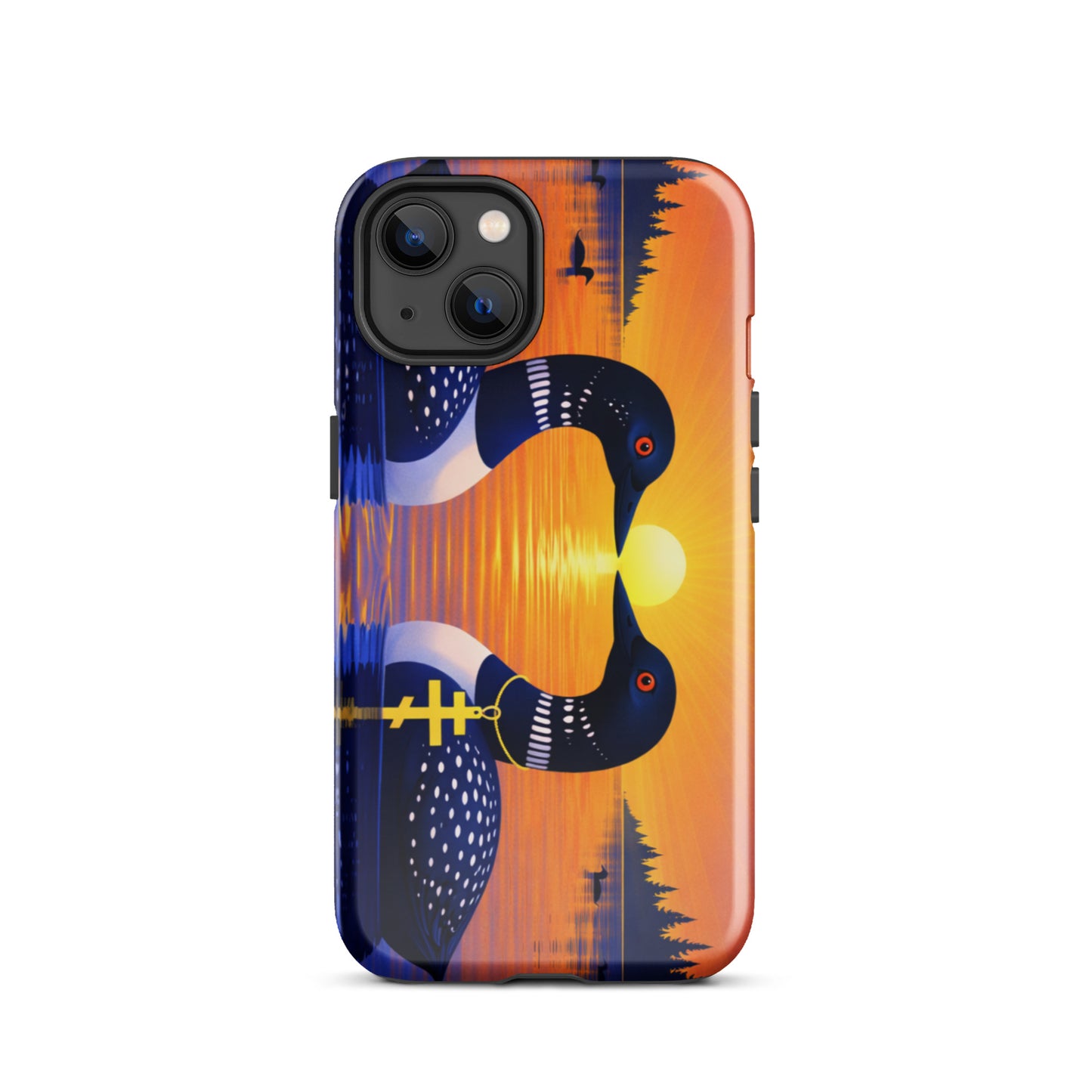 Phone case with a colorful design of two loons on a lake and sunrise background