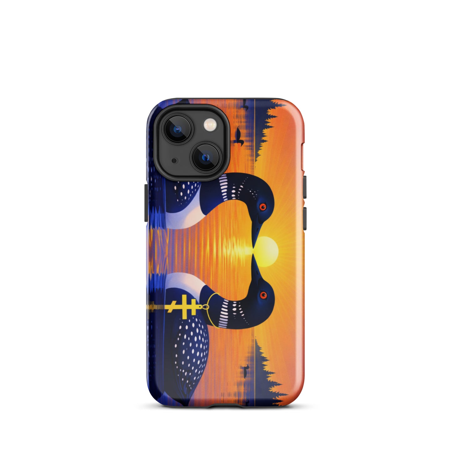 Phone case with a colorful design of two loons on a lake and sunrise background