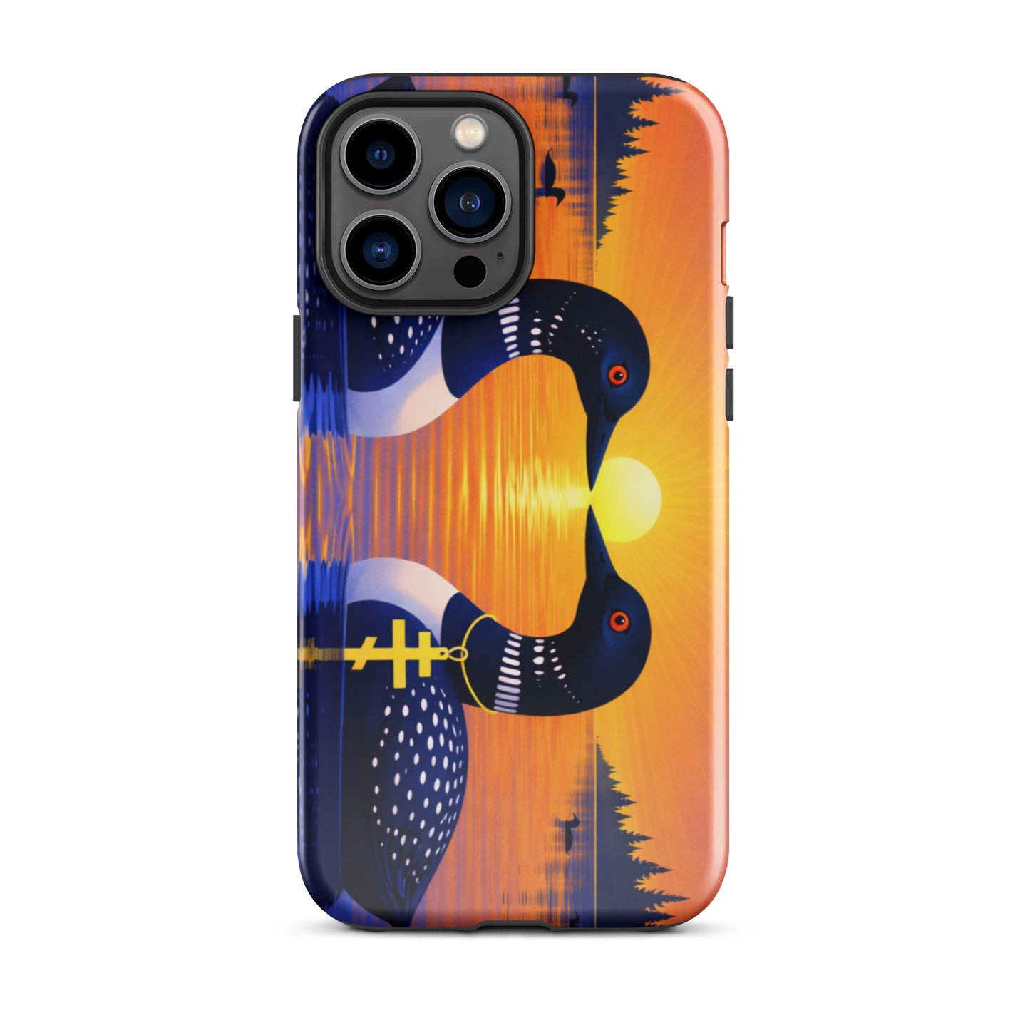 Phone case with a colorful design of two loons on a lake and sunrise background