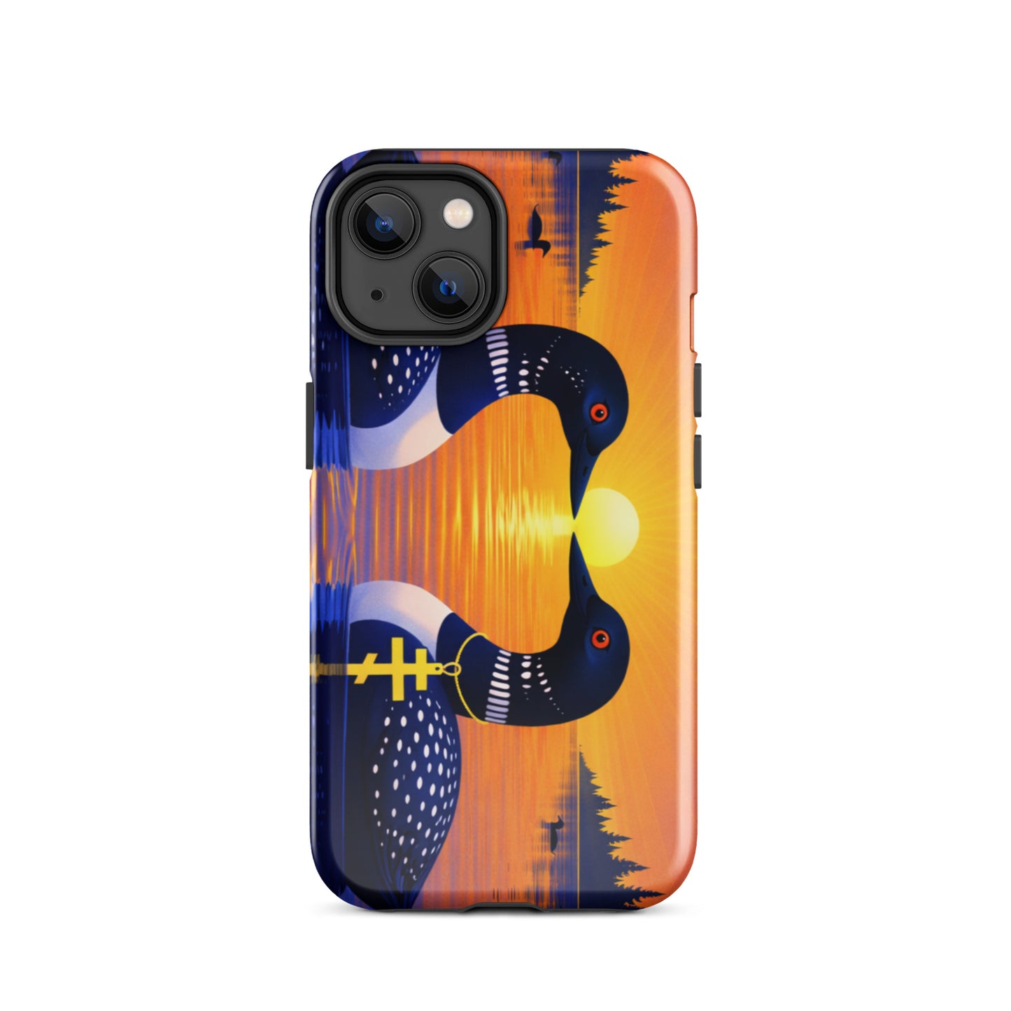 Phone case with a colorful design of two loons on a lake and sunrise background