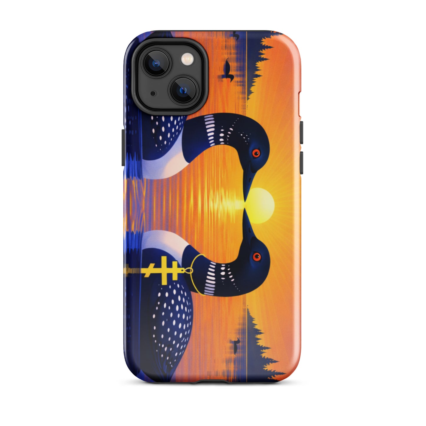 Phone case with a colorful design of two loons on a lake and sunrise background