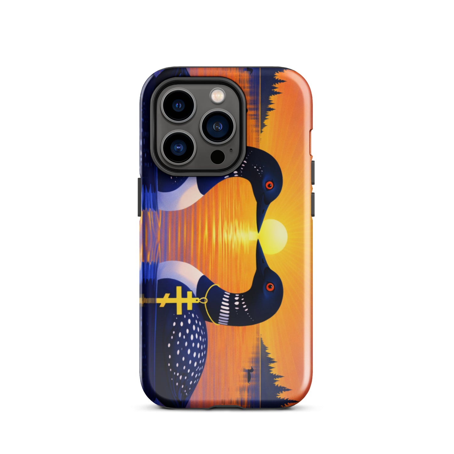 Phone case with a colorful design of two loons on a lake and sunrise background