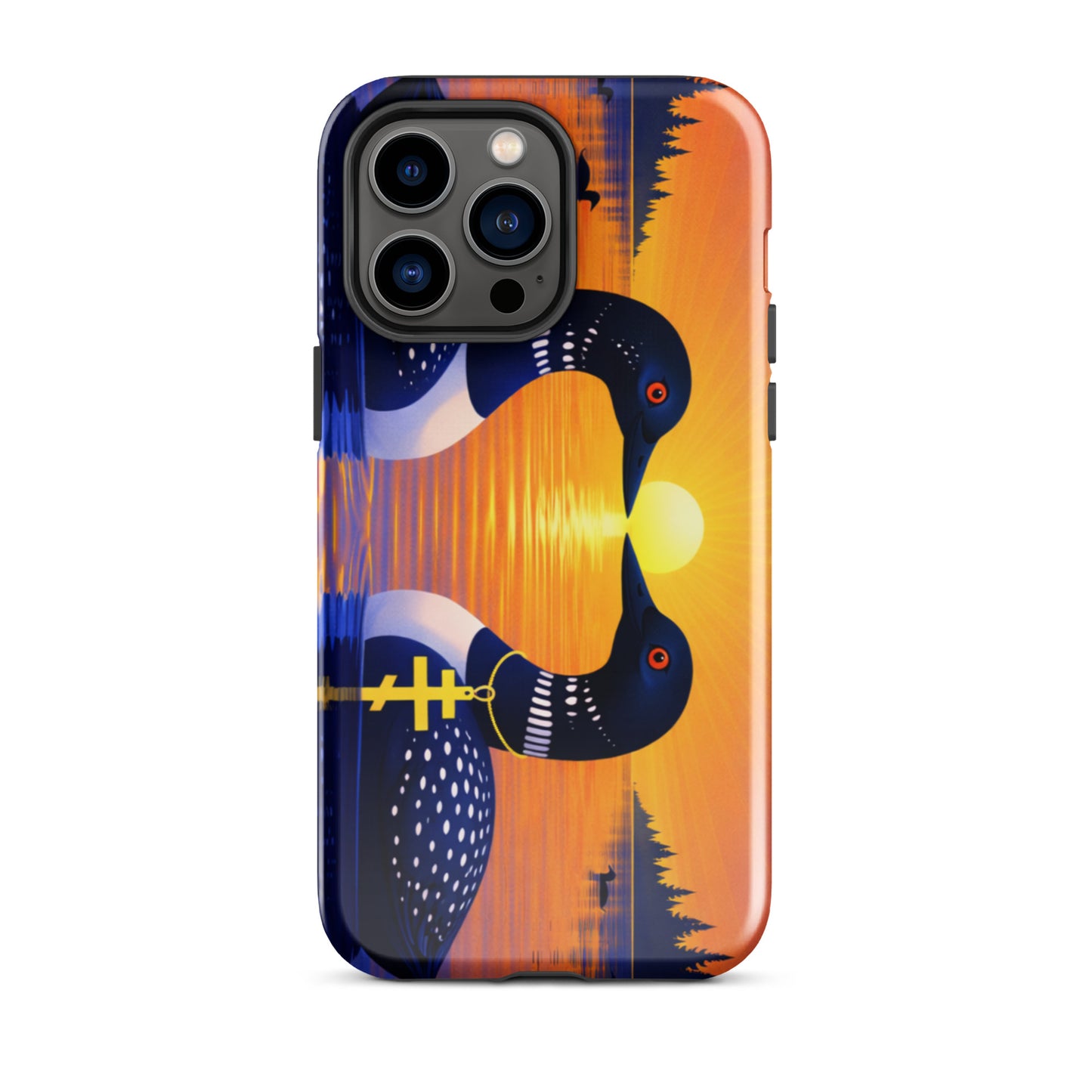 Phone case with a colorful design of two loons on a lake and sunrise background