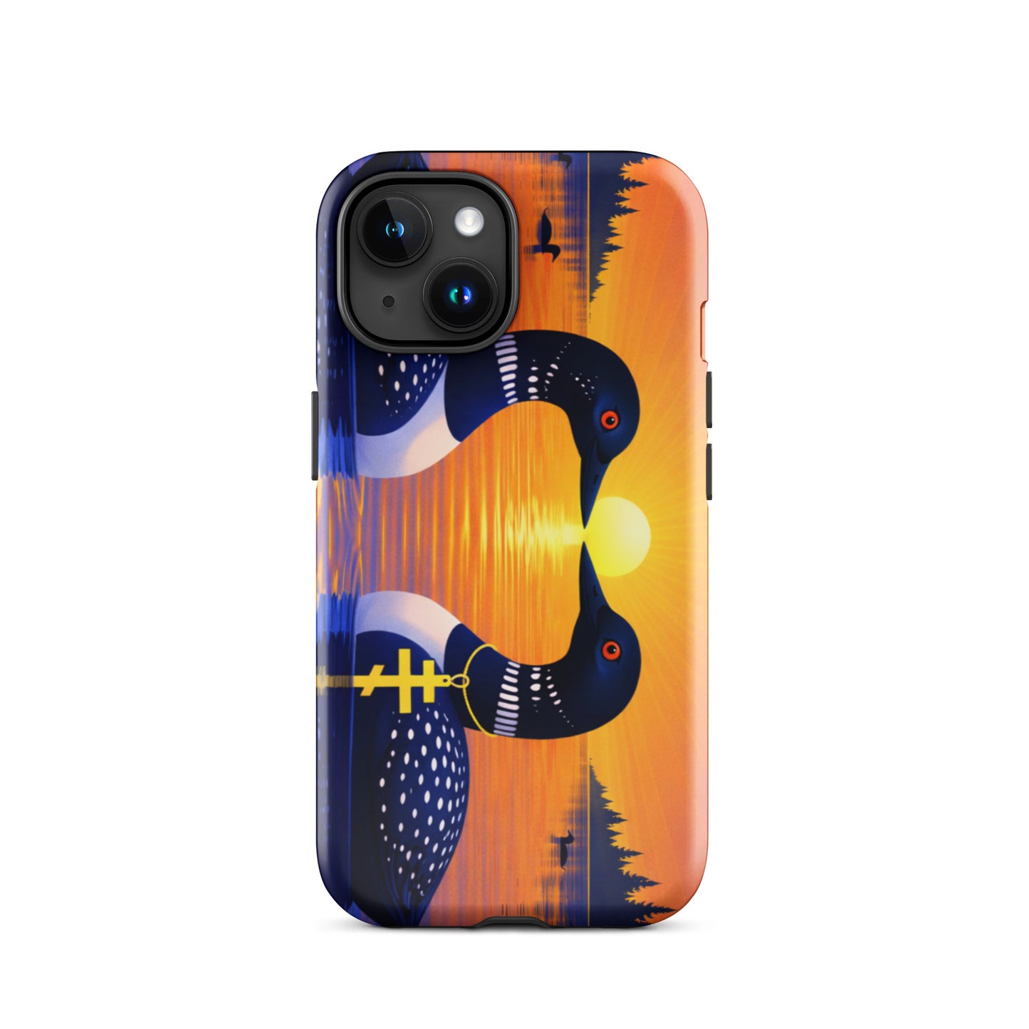 Phone case with a colorful design of two loons on a lake and sunrise background
