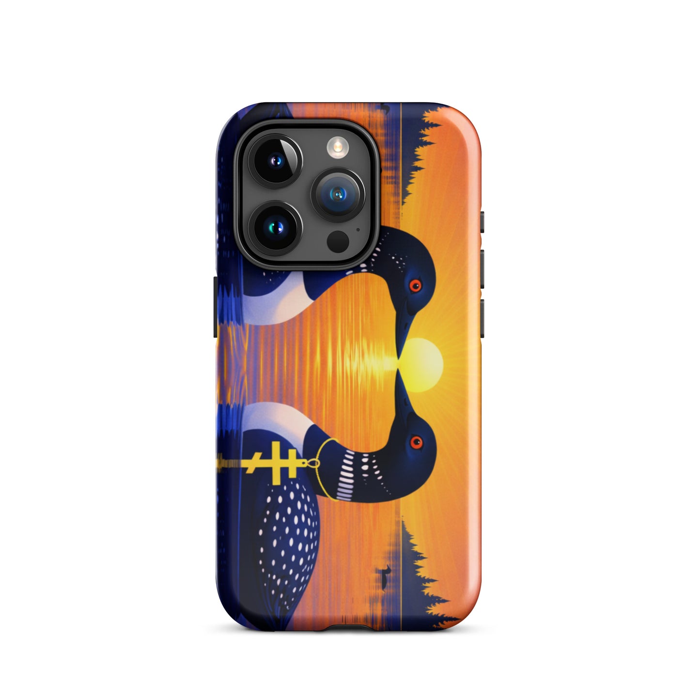 Phone case with a colorful design of two loons on a lake and sunrise background