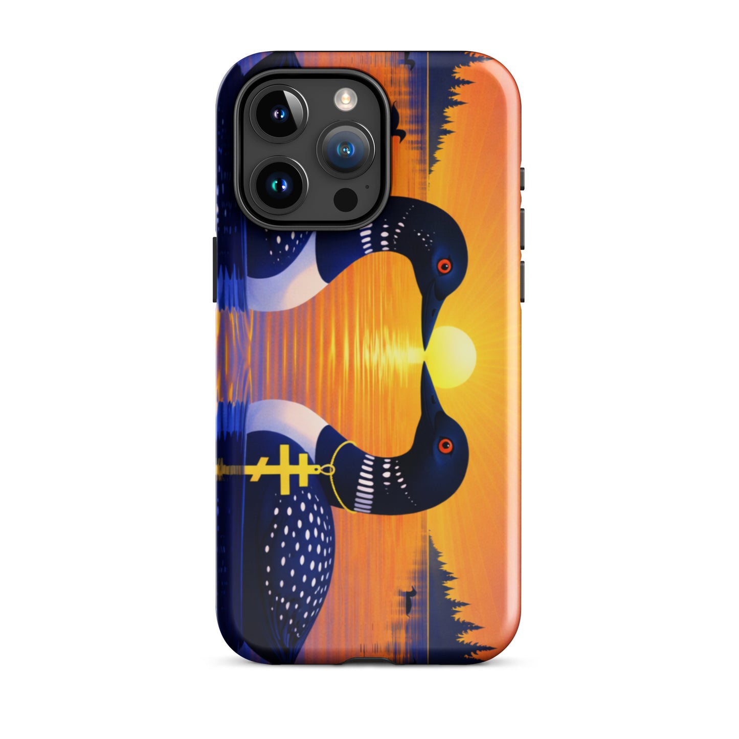 Phone case with a colorful design of two loons on a lake and sunrise background