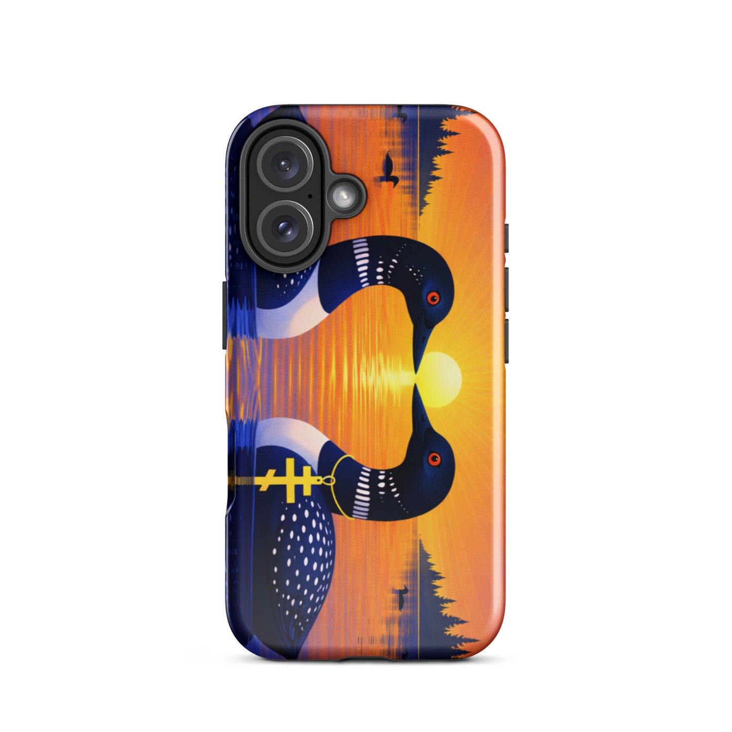 Phone case with a colorful design of two loons on a lake and sunrise background