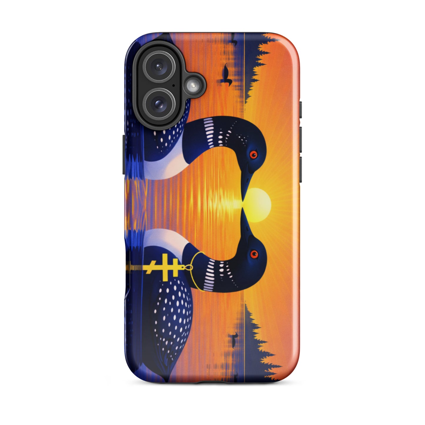 Phone case with a colorful design of two loons on a lake and sunrise background