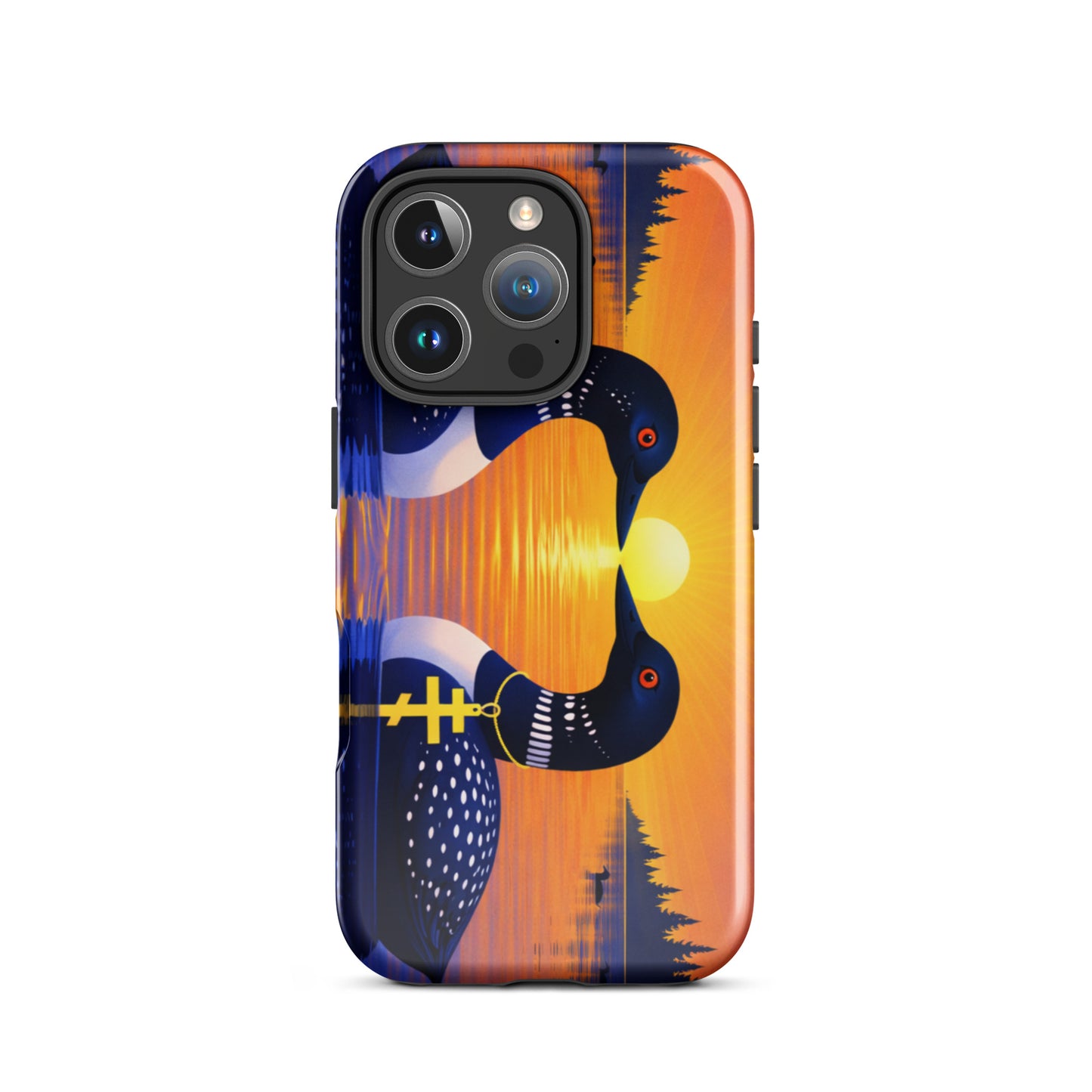 Phone case with a colorful design of two loons on a lake and sunrise background
