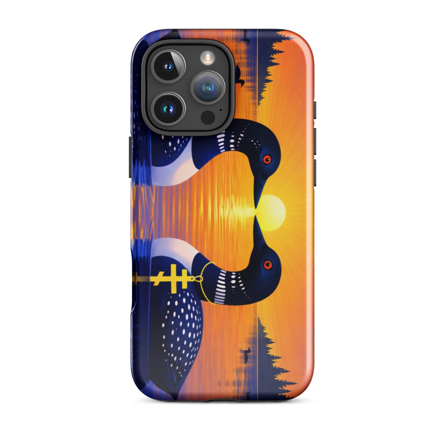 Phone case with a colorful design of two loons on a lake and sunrise background