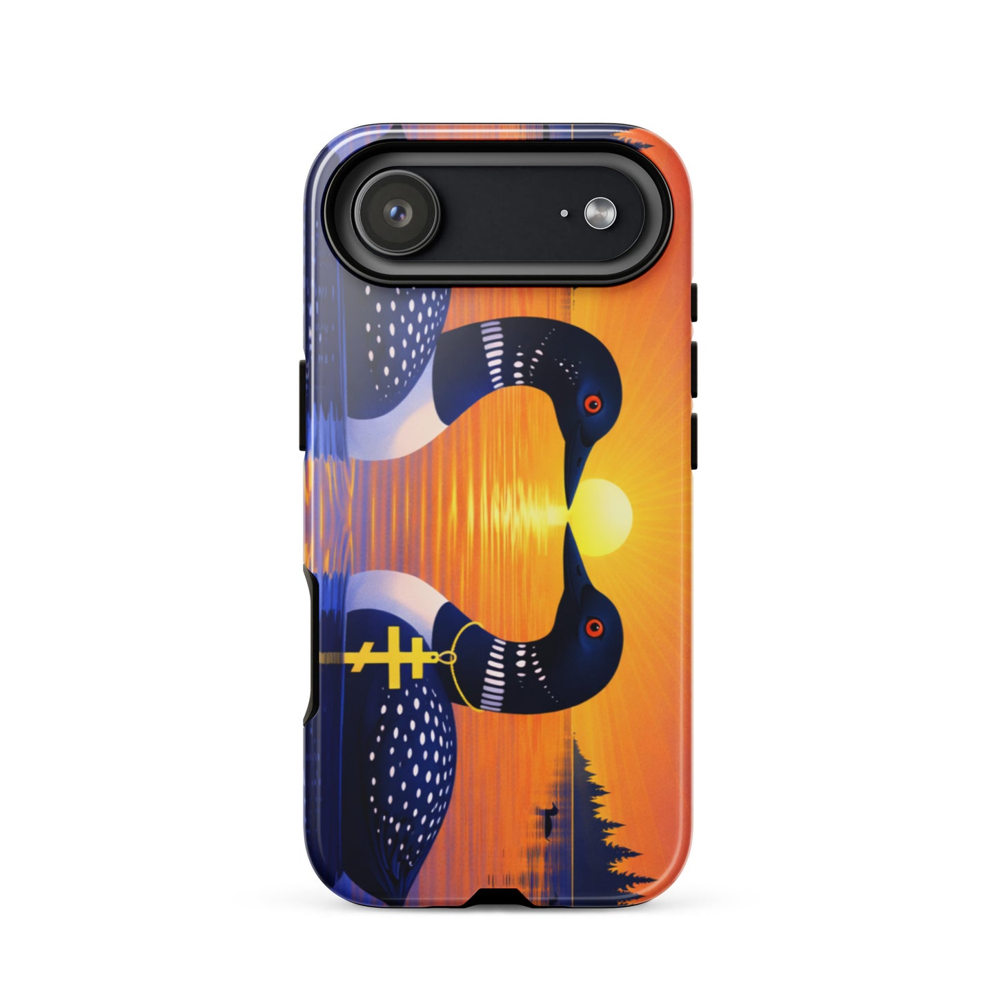 Phone case with a colorful design of two loons on a lake and sunrise background