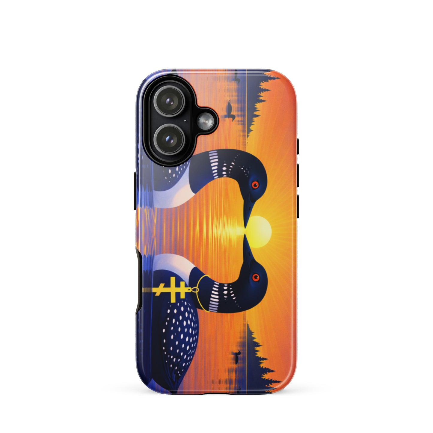 Phone case with a colorful design of two loons on a lake and sunrise background