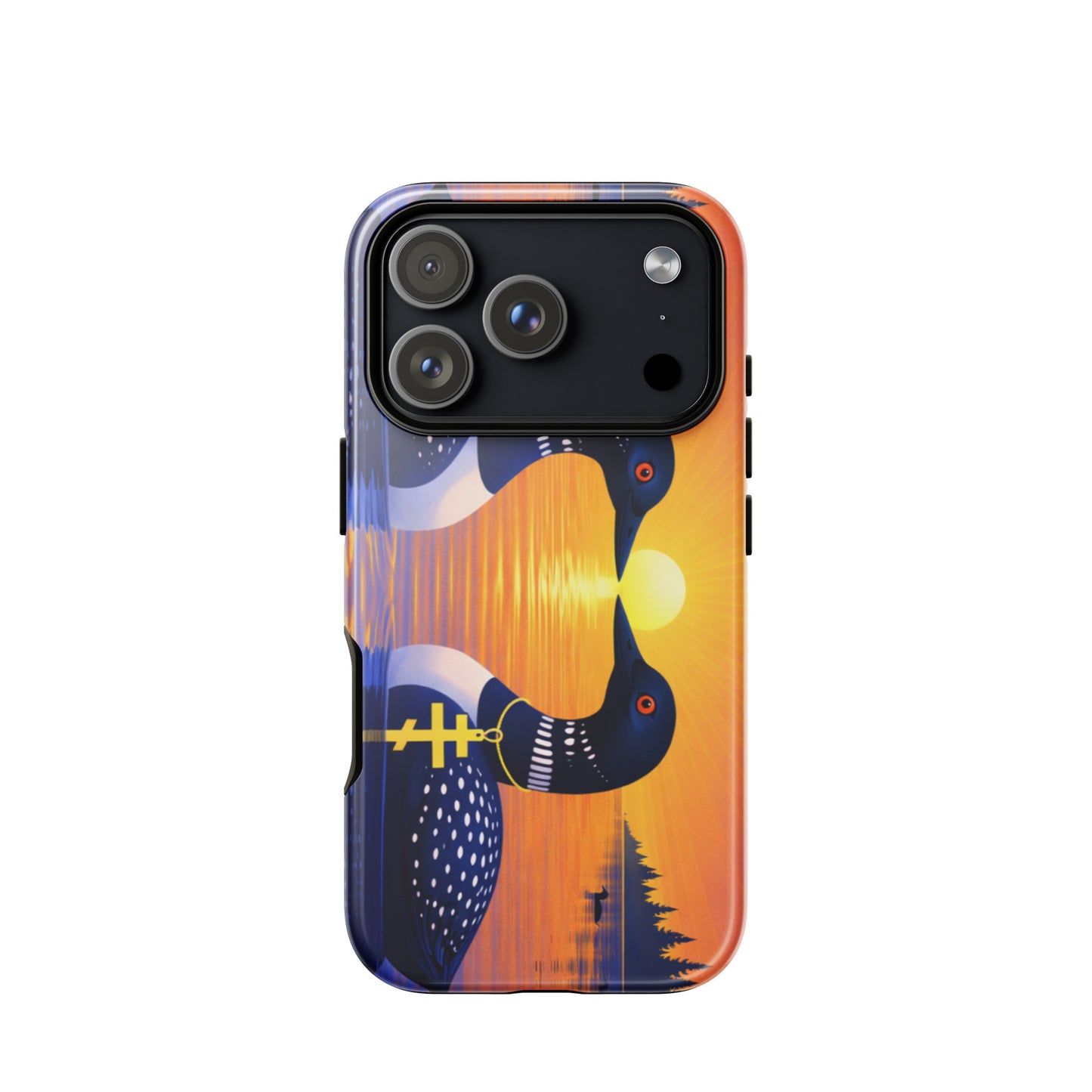 Phone case with a colorful design of two loons on a lake and sunrise background